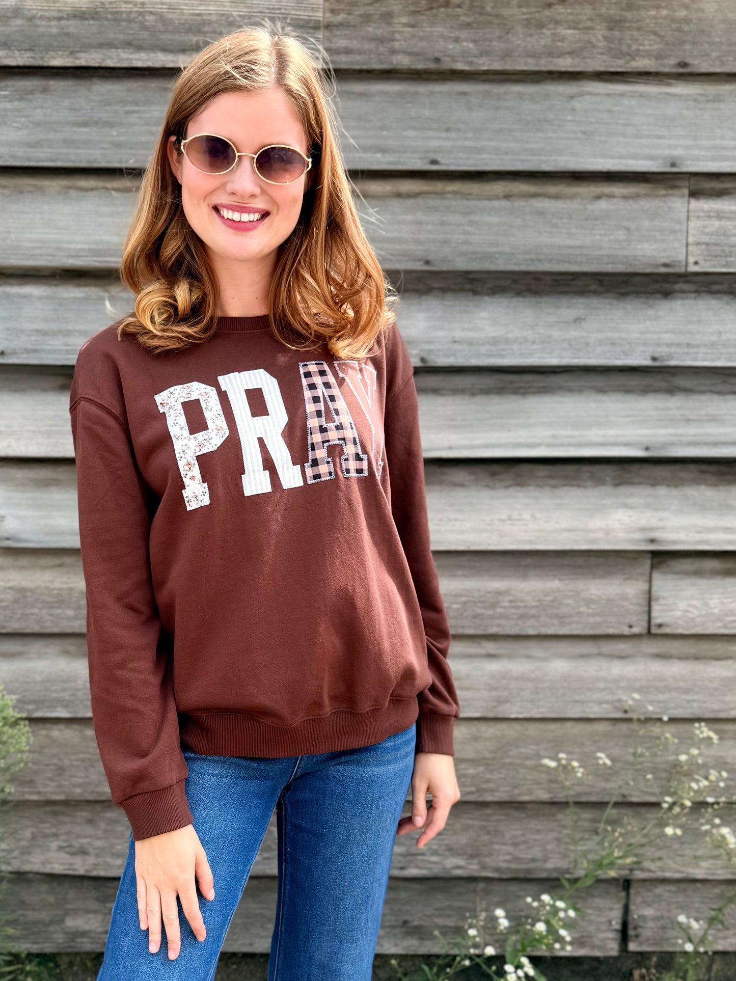 Pray Floral Stripe Gingham Embroidered Patch Sweatshirt