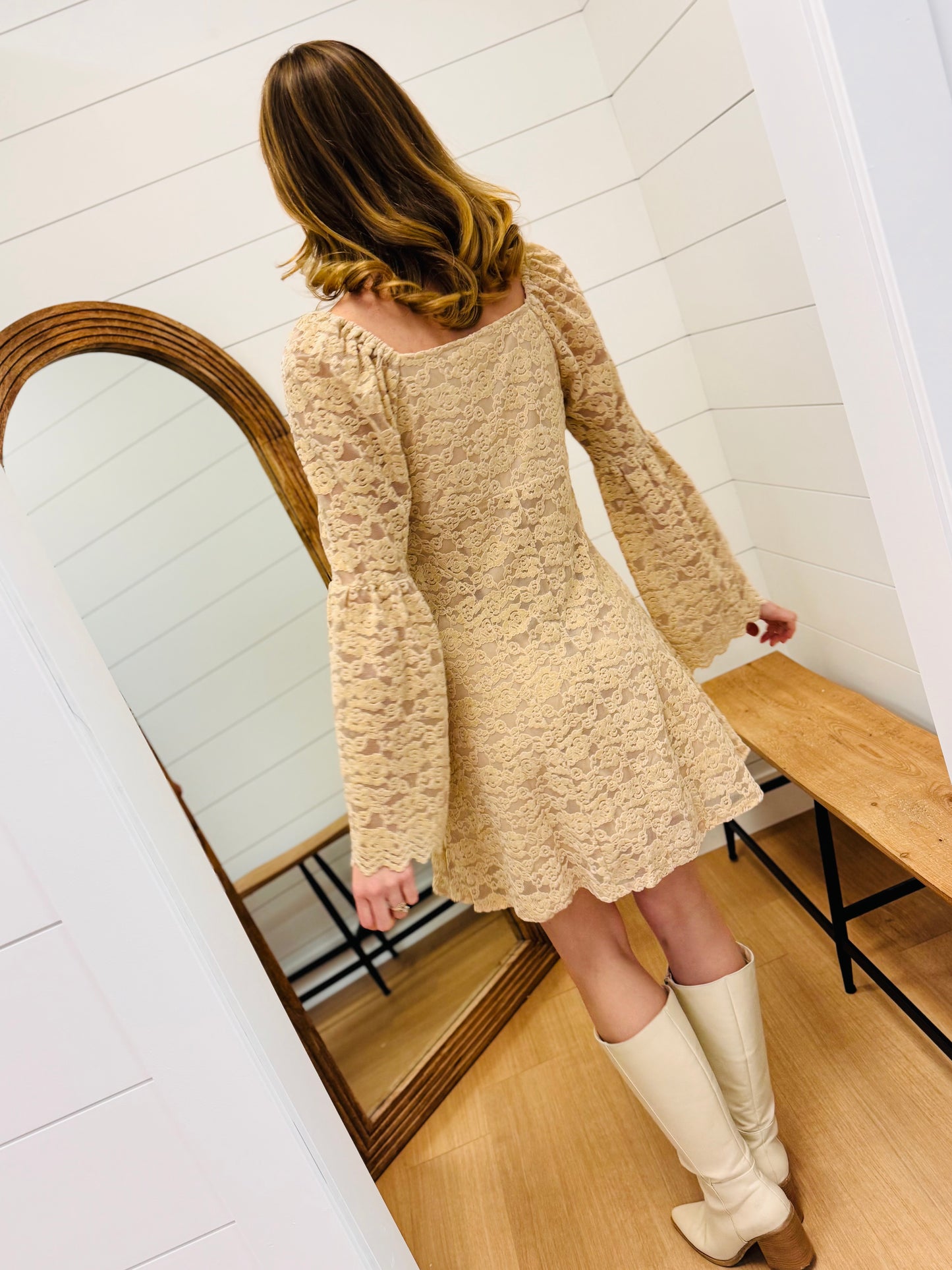 Textured Lace Bell Sleeve Dress
