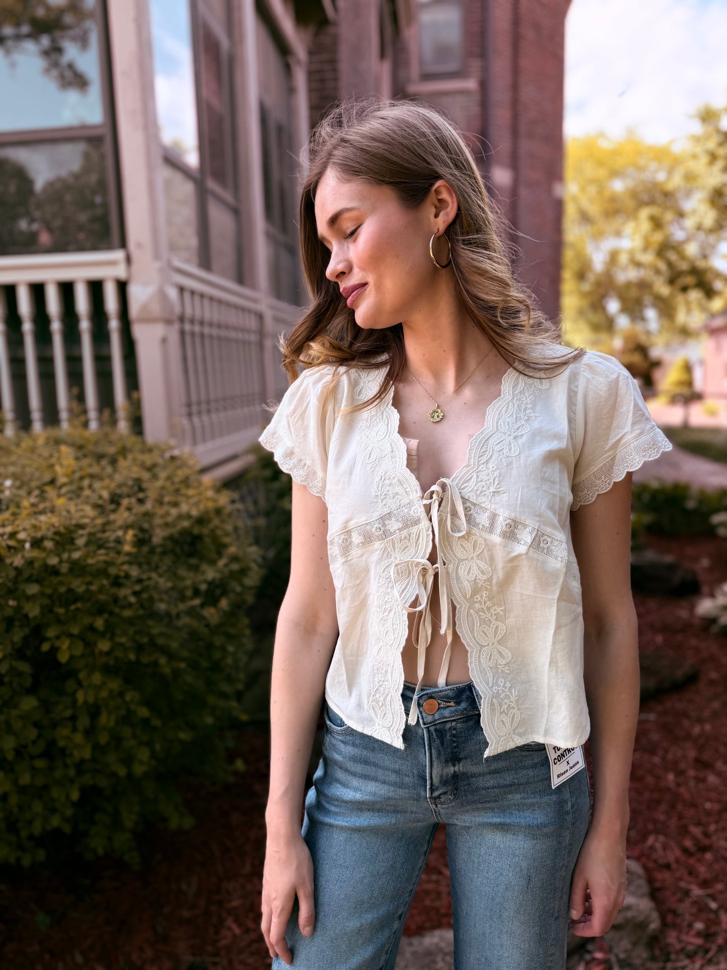 Scalloped Embroidered Front Tie Lace Trim Top