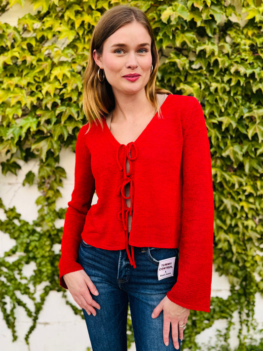 Multi Tie Front Long Sleeve Knit Cardigan