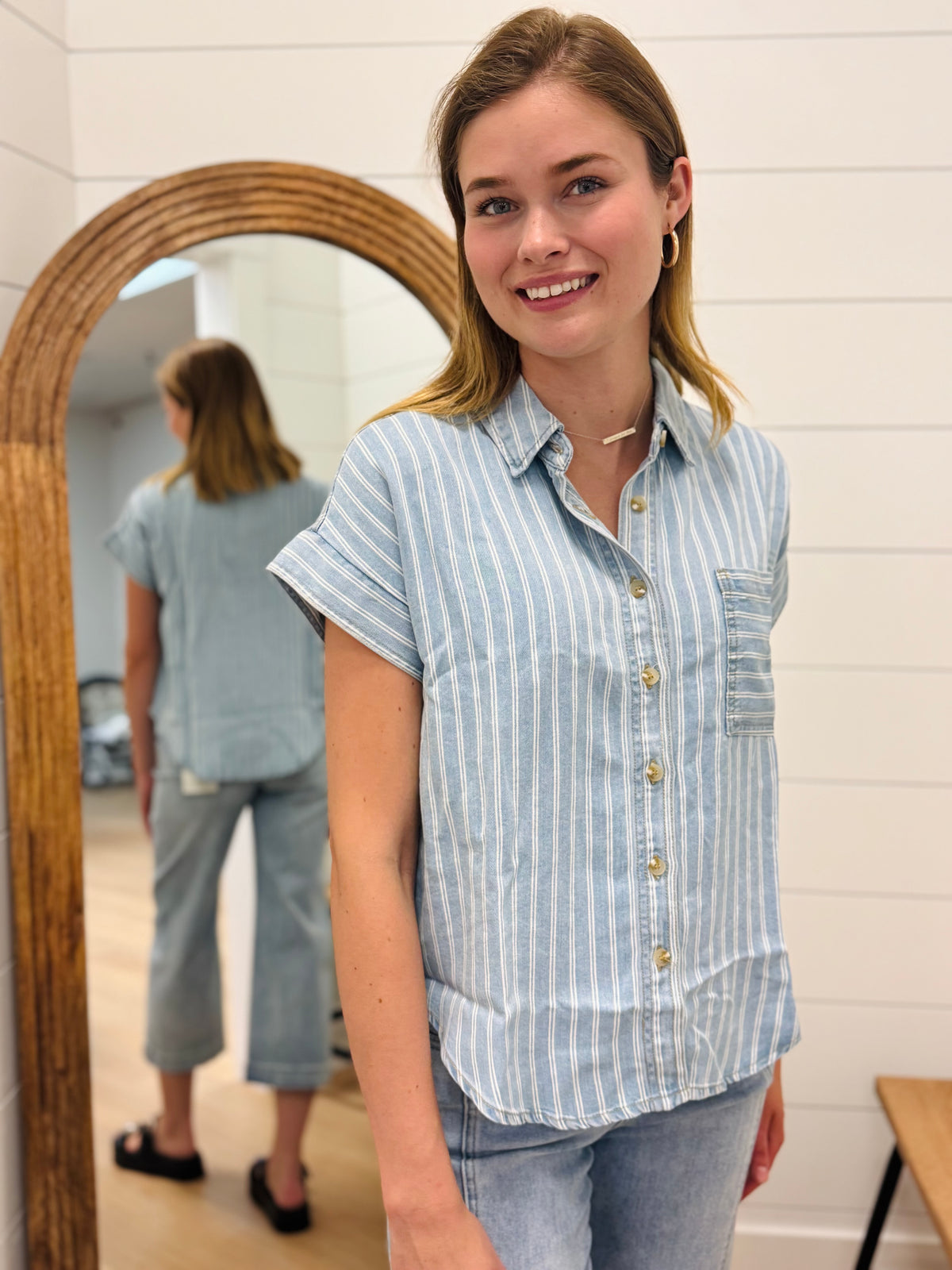Vertical Stripe Chambray Top