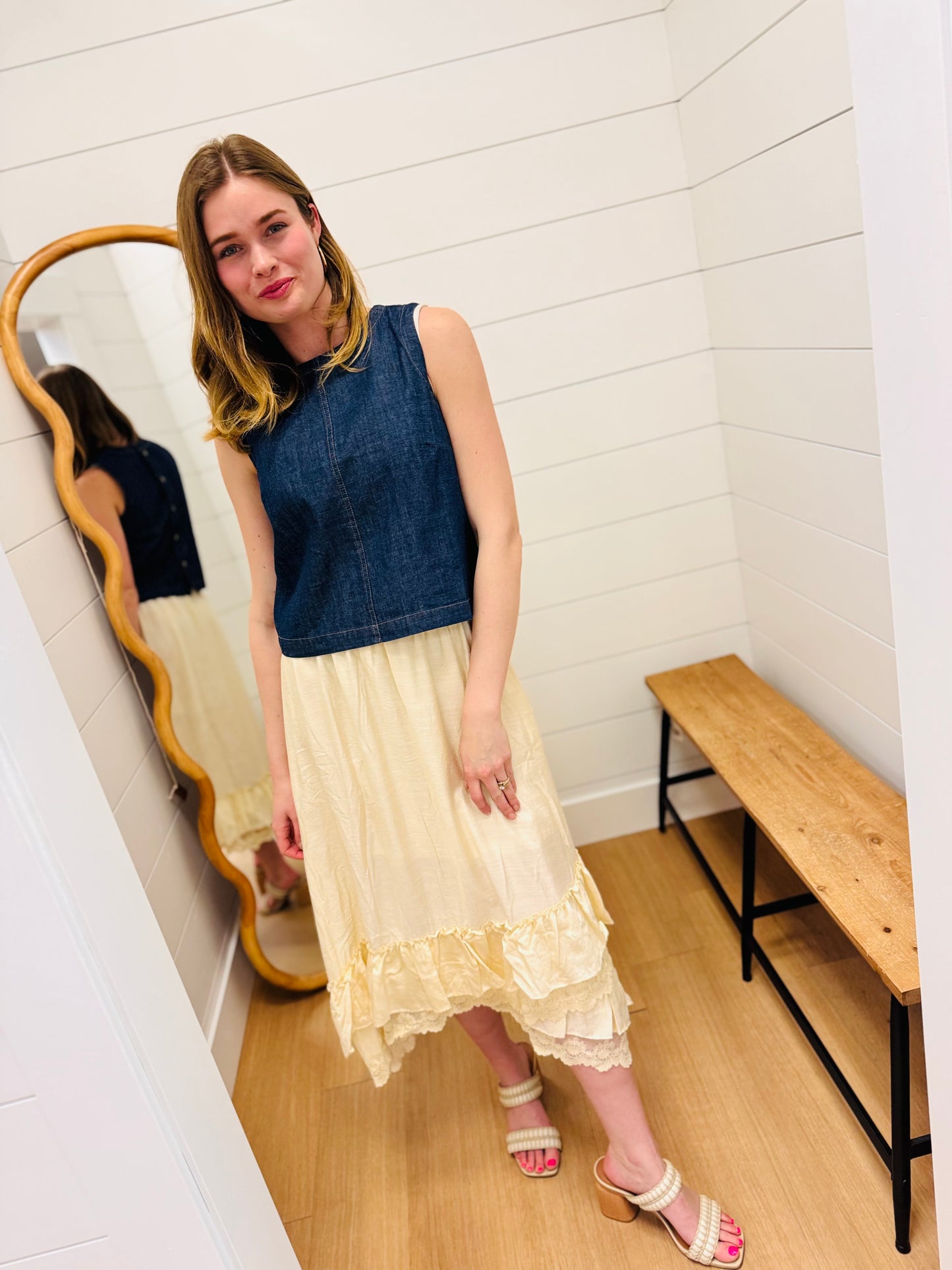 Back Button Denim Top