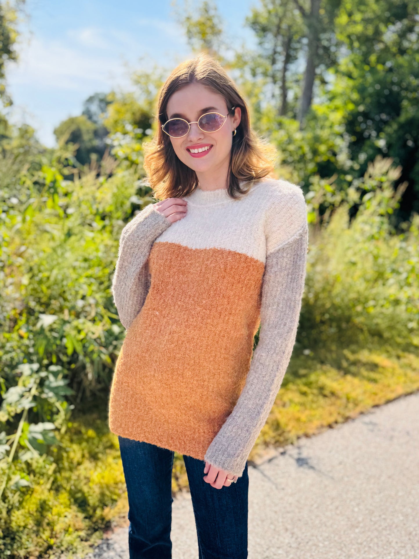 Mustard Color Block Pullover Sweater