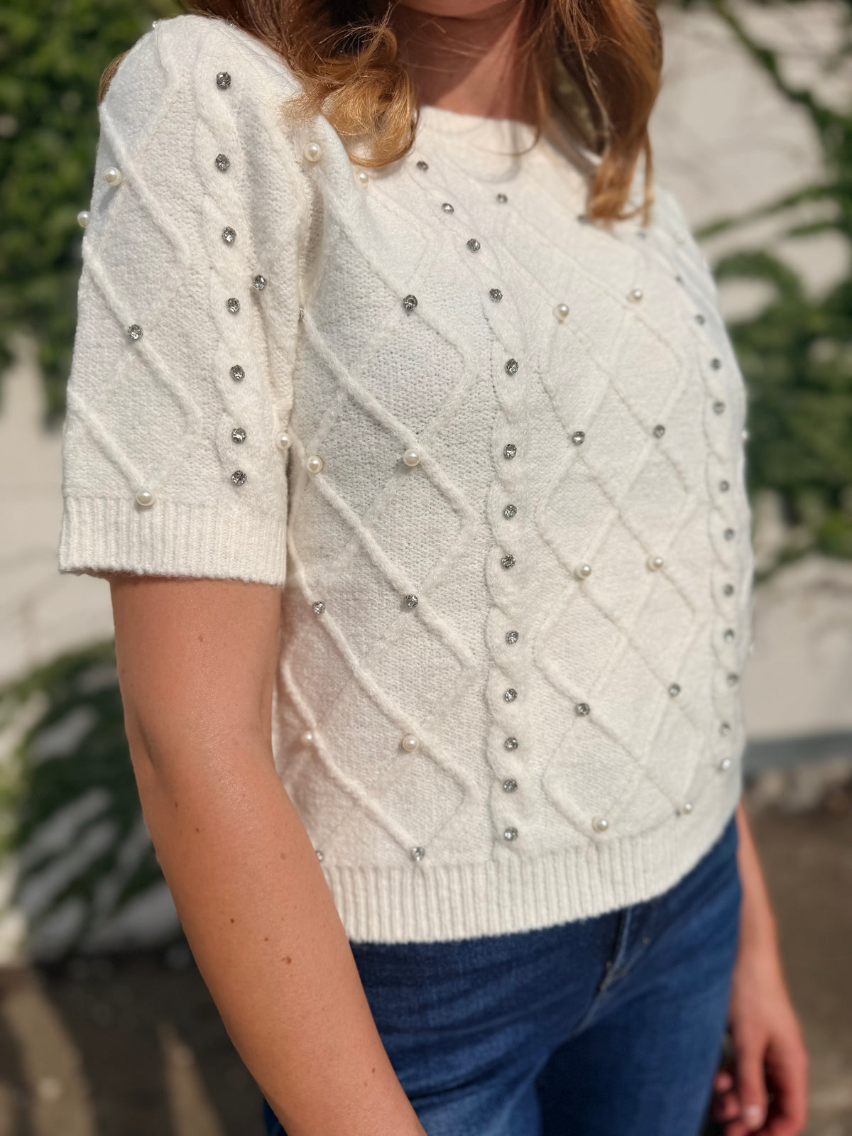 Diamond-knit Short Sleeved Sweater