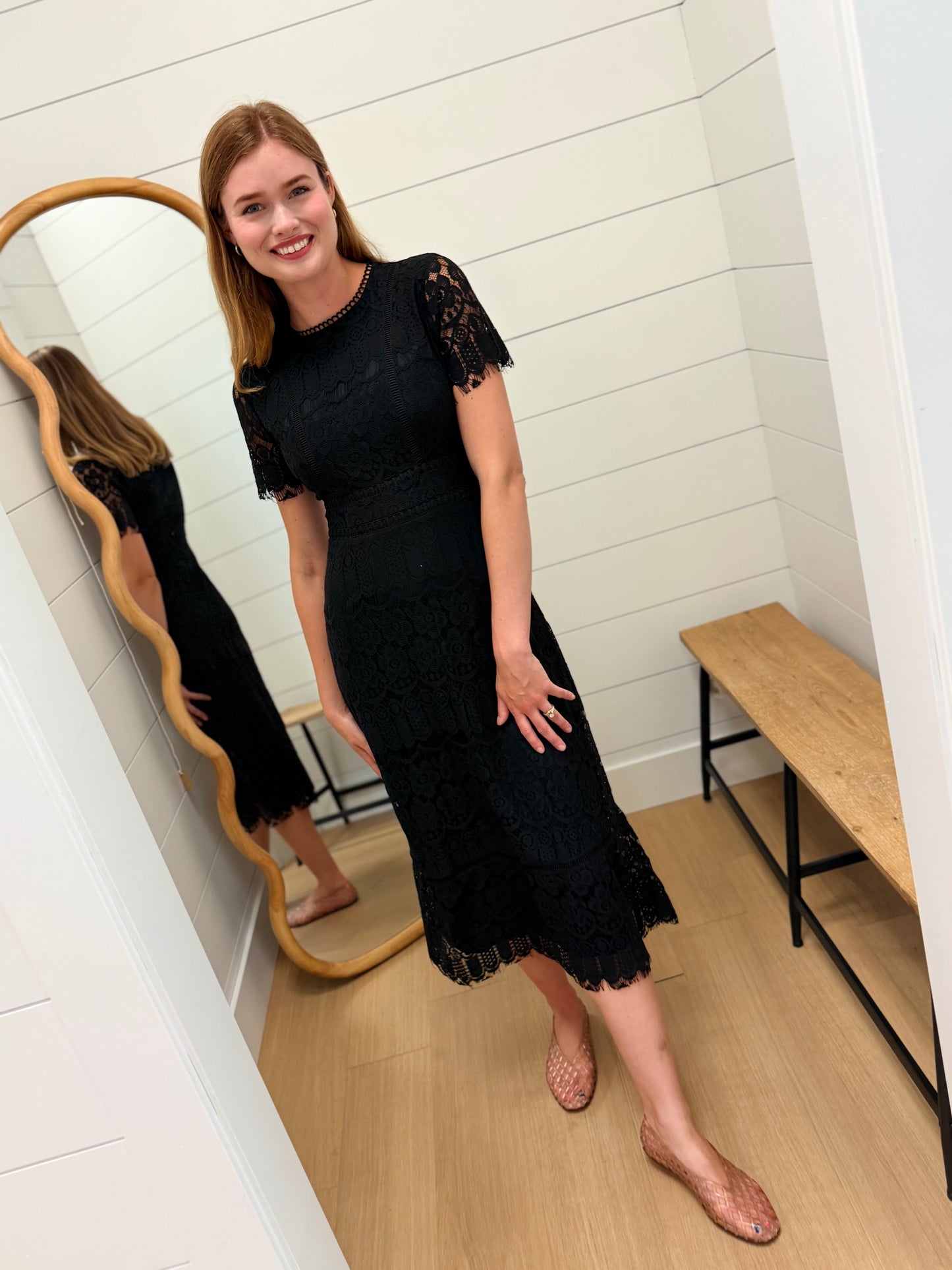 Lace Scalloped Short Sleeve Midi Dress