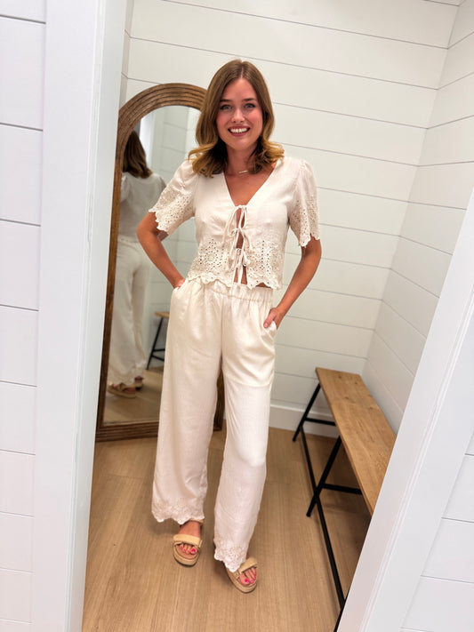 Ivory Eyelet Trim Front Tie Top