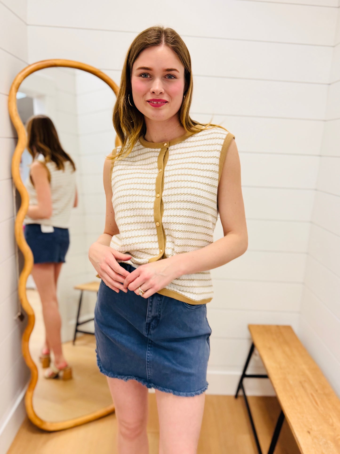 Stripe Knit Button Down Top - Tan