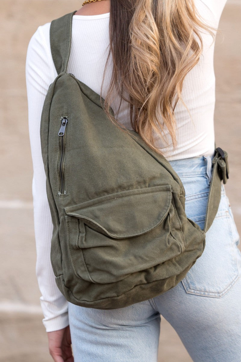 Oversized Canvas Sling Bag- Olive