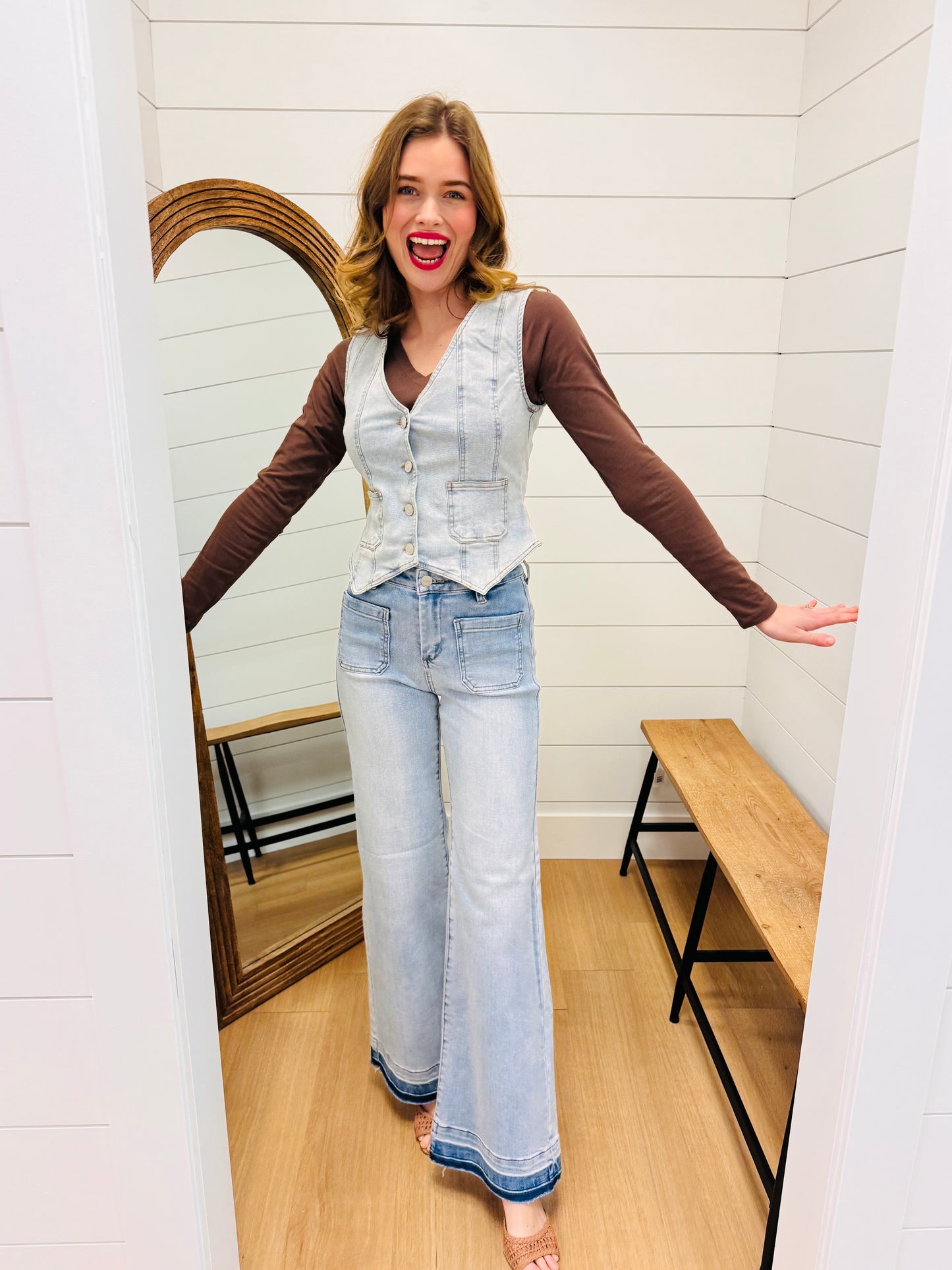 V Neck Sleeveless Button Down Denim Vest