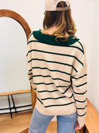 Button Down Sweater with Contrast Stripes and Collar