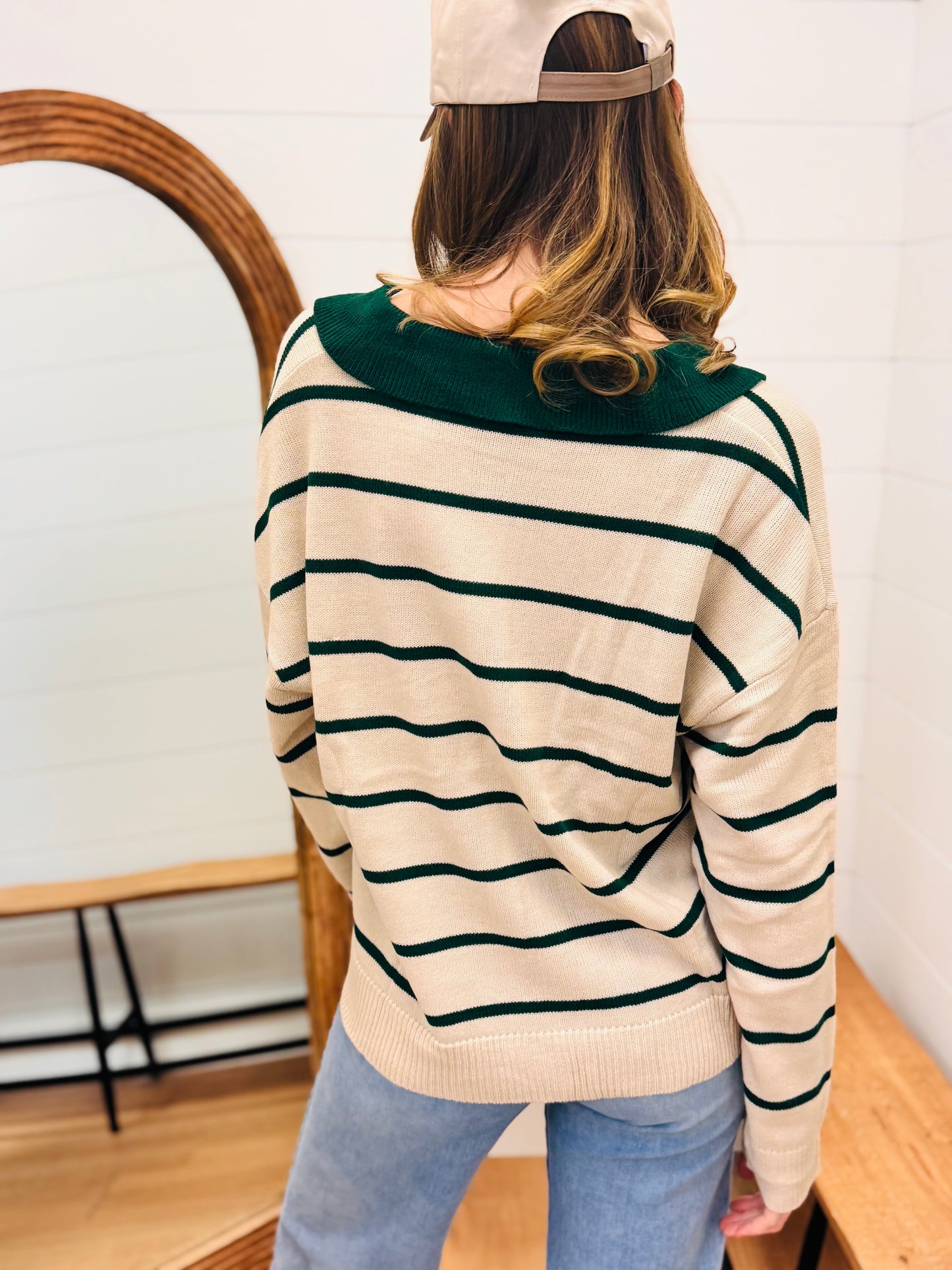 Button Down Sweater with Contrast Stripes and Collar