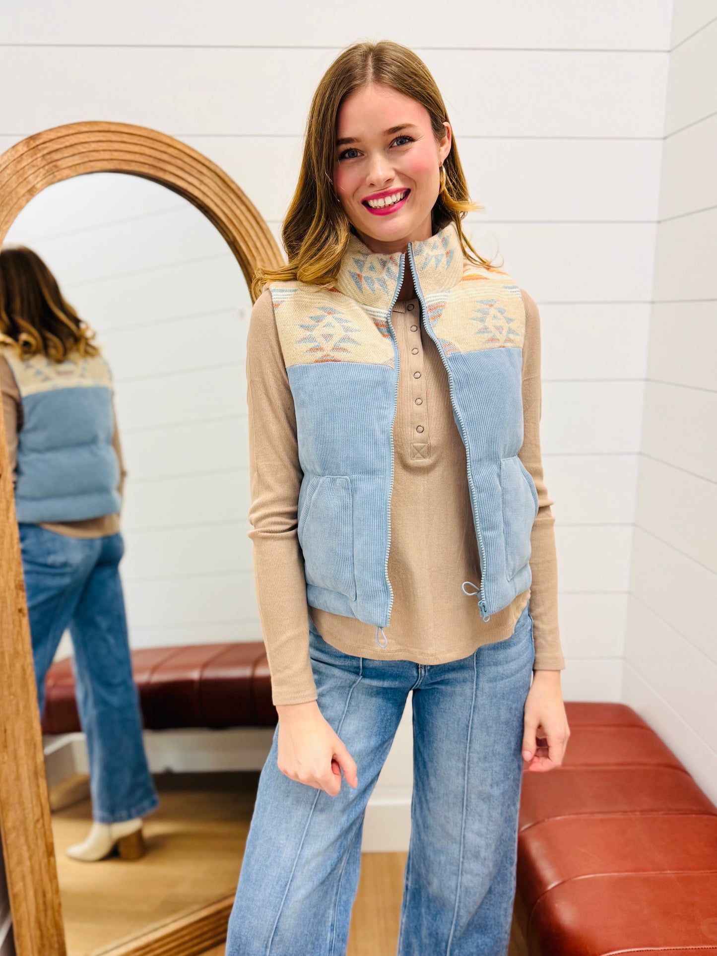 Aztec Graphic Corduroy Casual Puffer Vest