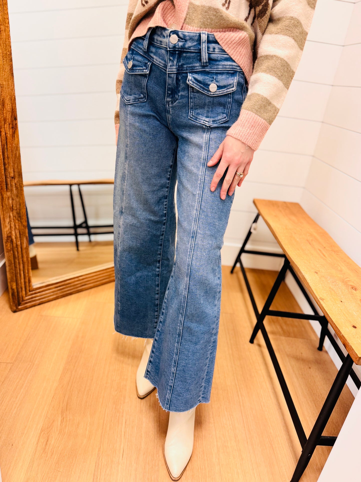 High Rise Ankle Wide Jeans Front Flap Patch Pocket