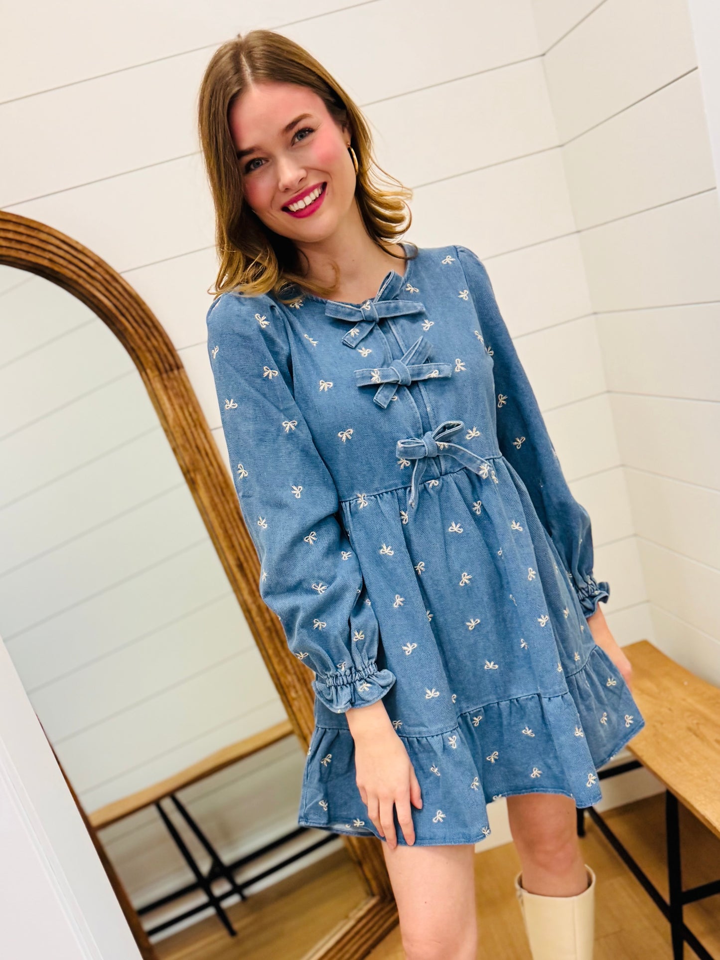 Soft Washed Denim Bow Dress