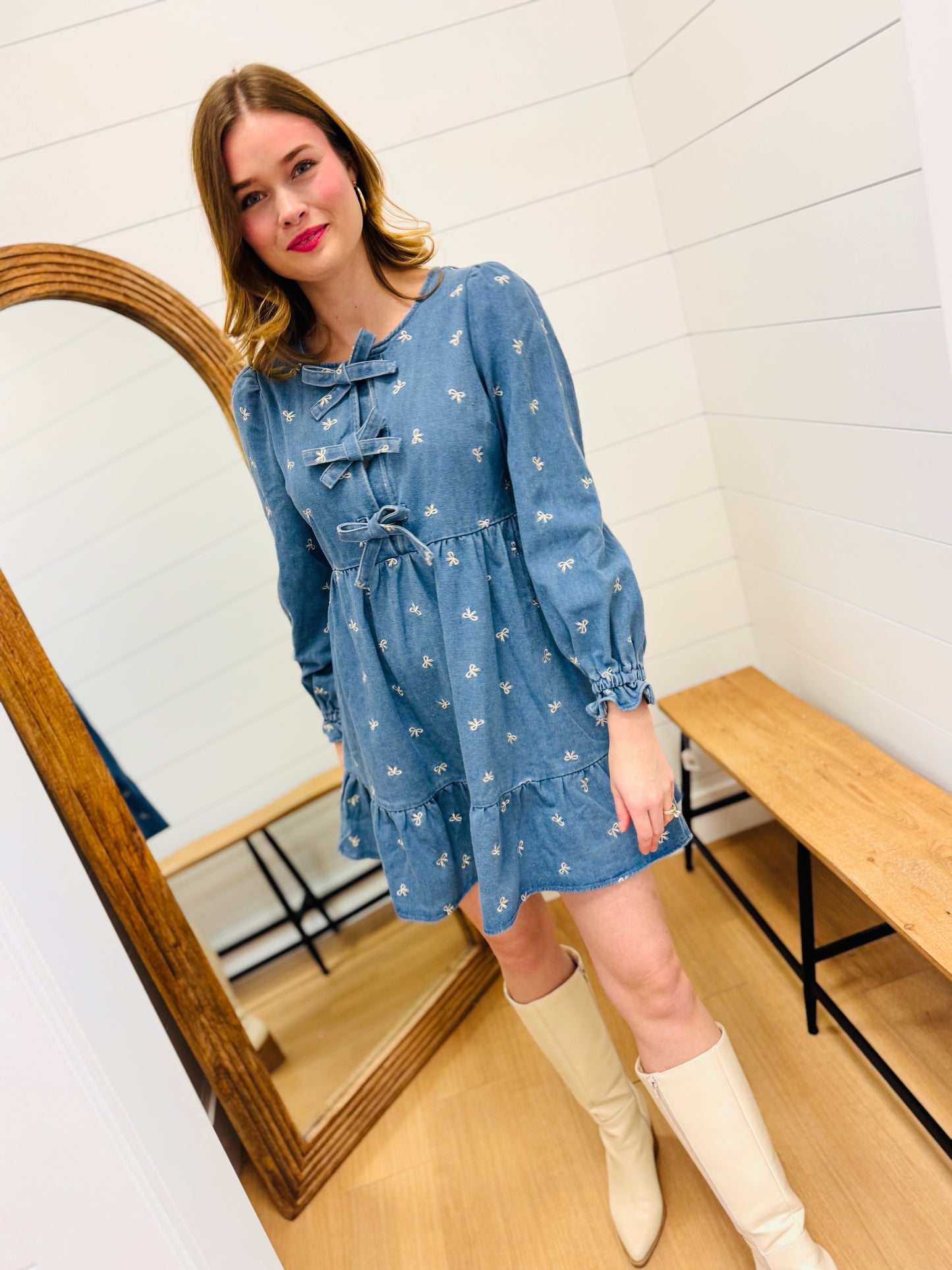 Soft Washed Denim Bow Dress