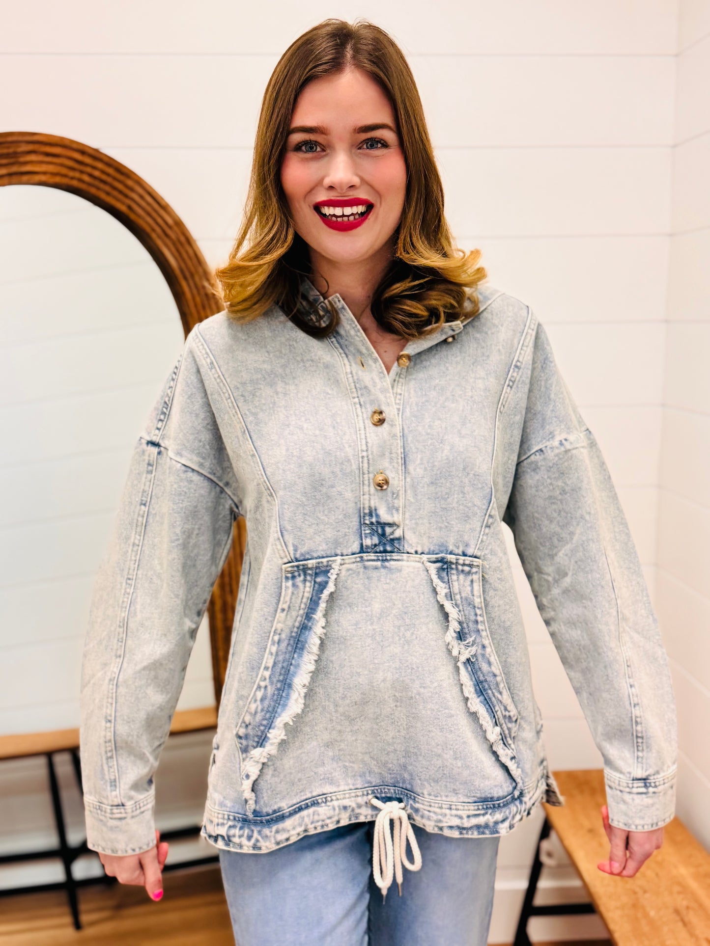 Washed Denim Hoodie Pullover Top