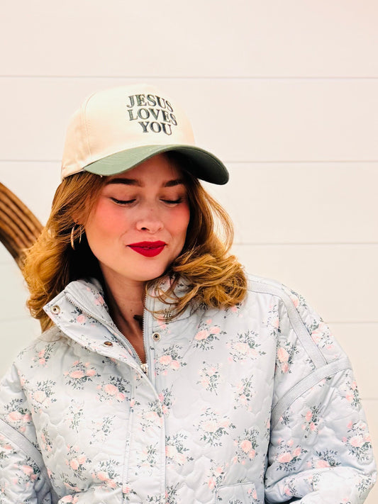 Jesus Loves You Two Tone Cotton Hat - Floral
