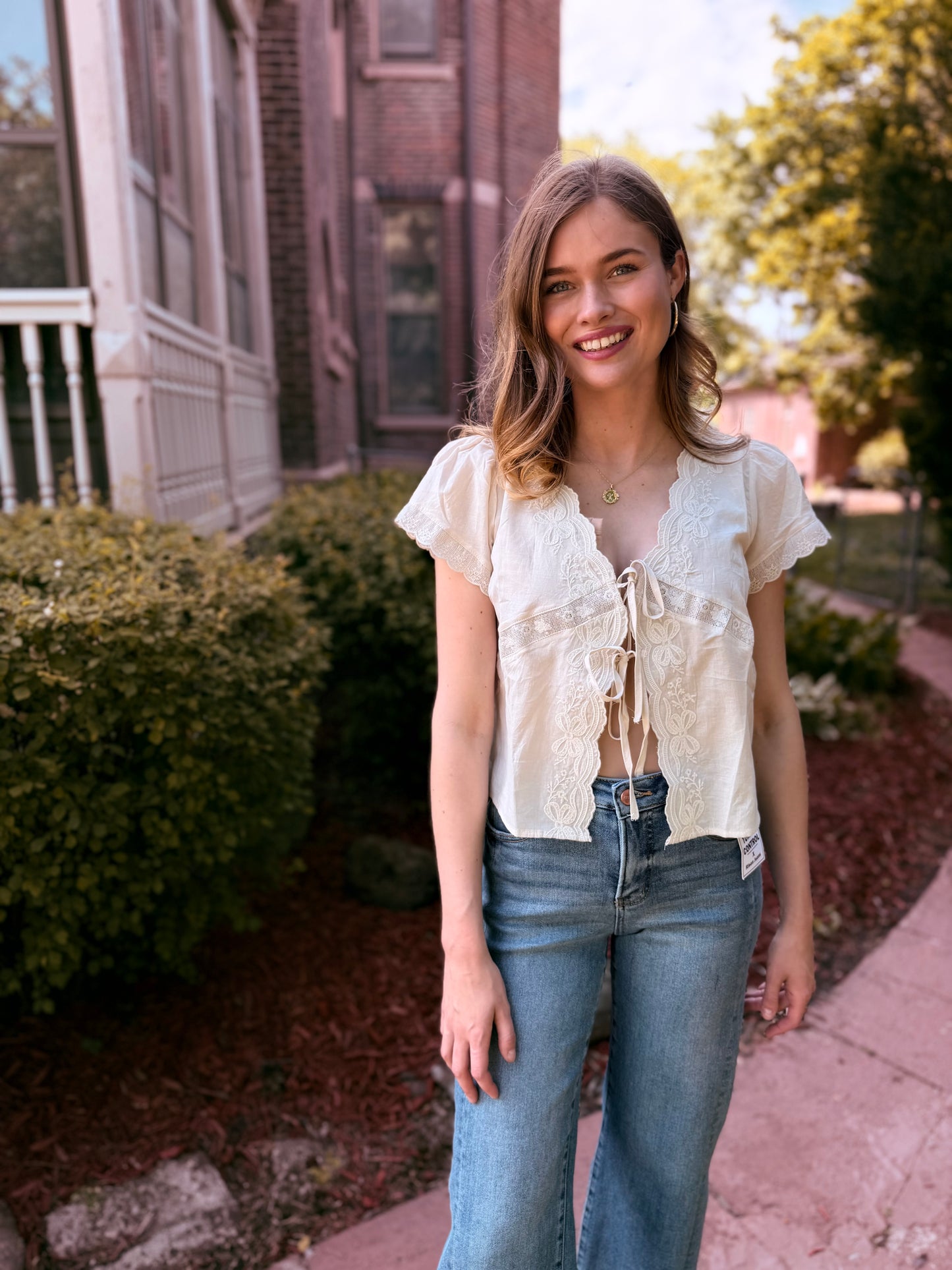 Scalloped Embroidered Front Tie Lace Trim Top