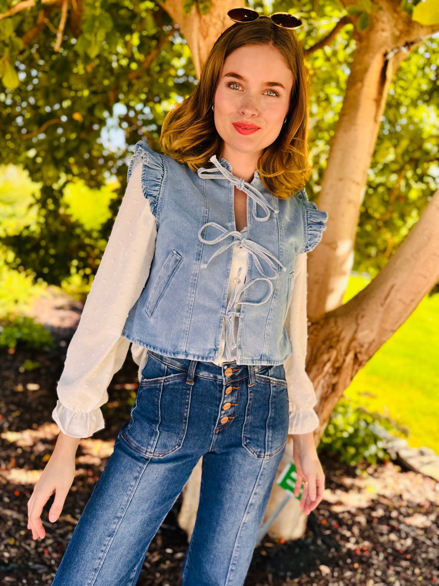 Denim Ruffle Sleeve Tie Front Vest