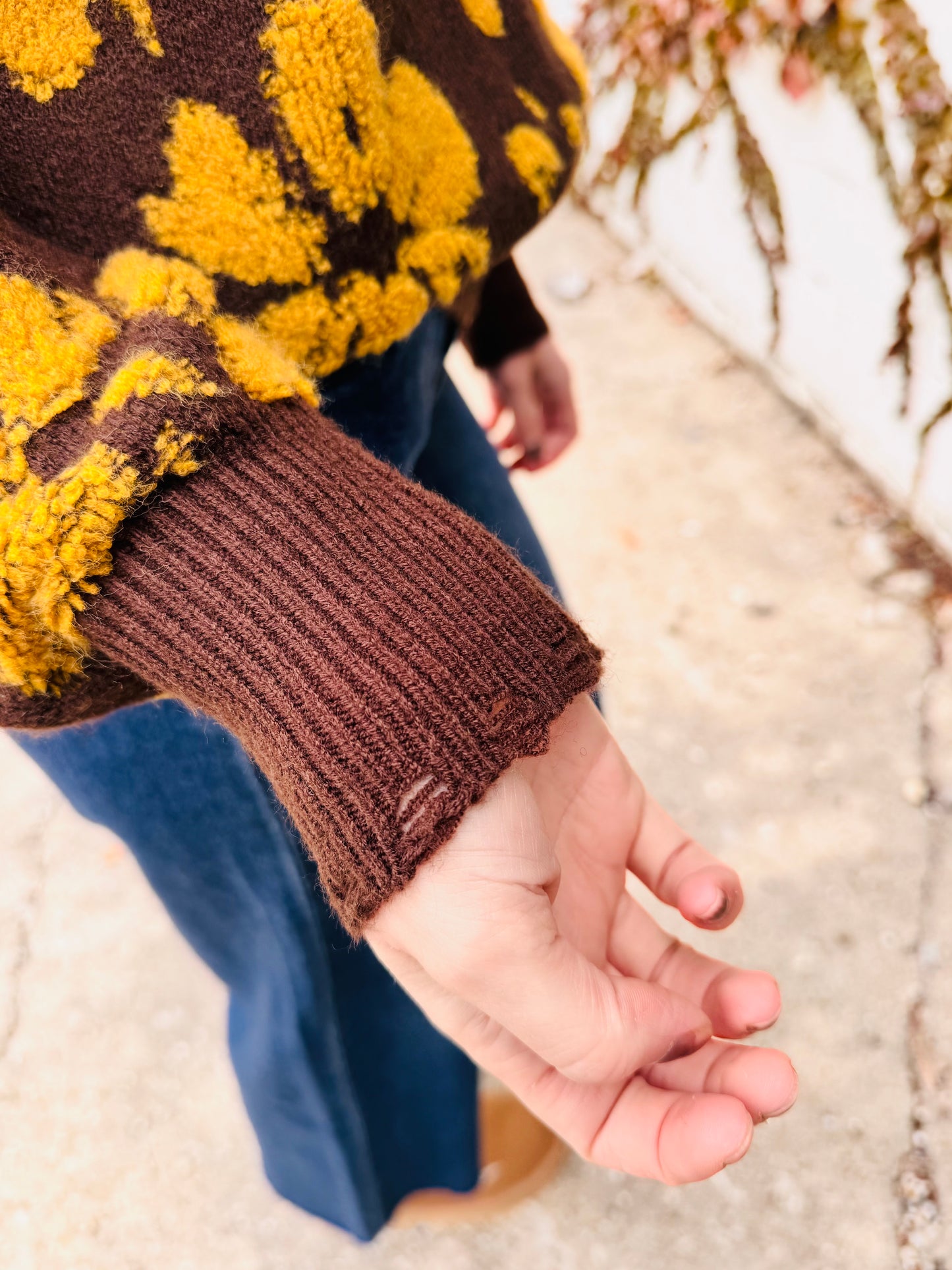 Floral Distressed Crewneck Terry Knit Sweater