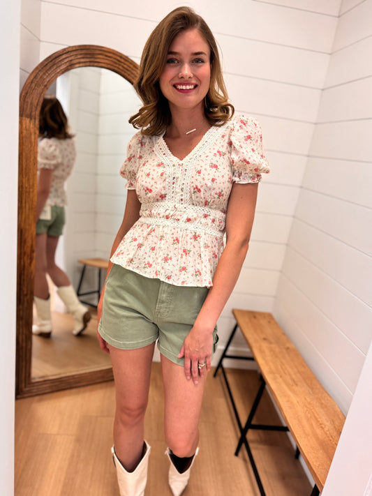 Floral Top with Crochet Trim