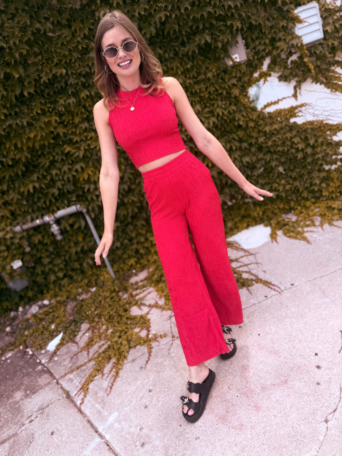 Crinkled Plisse Lounge Pant - Watermelon Red