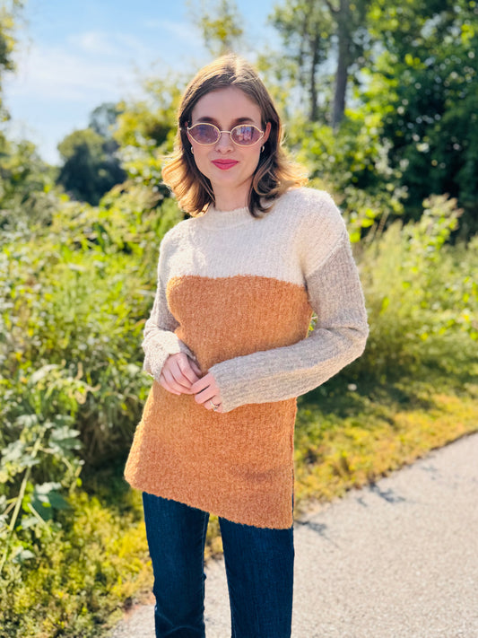 Mustard Color Block Pullover Sweater