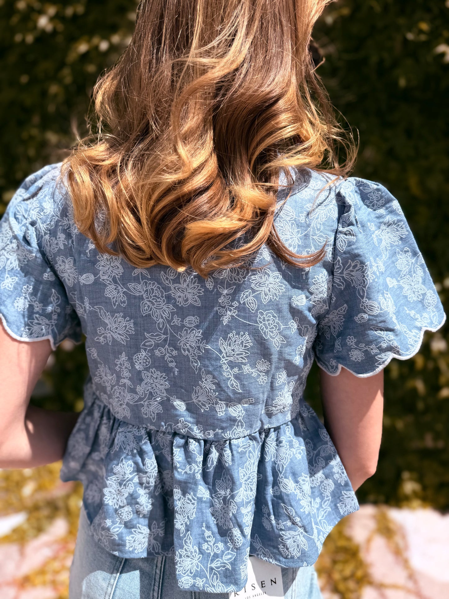 Floral Embroidery Front Tie Scalloped Peplum Top - Chambray