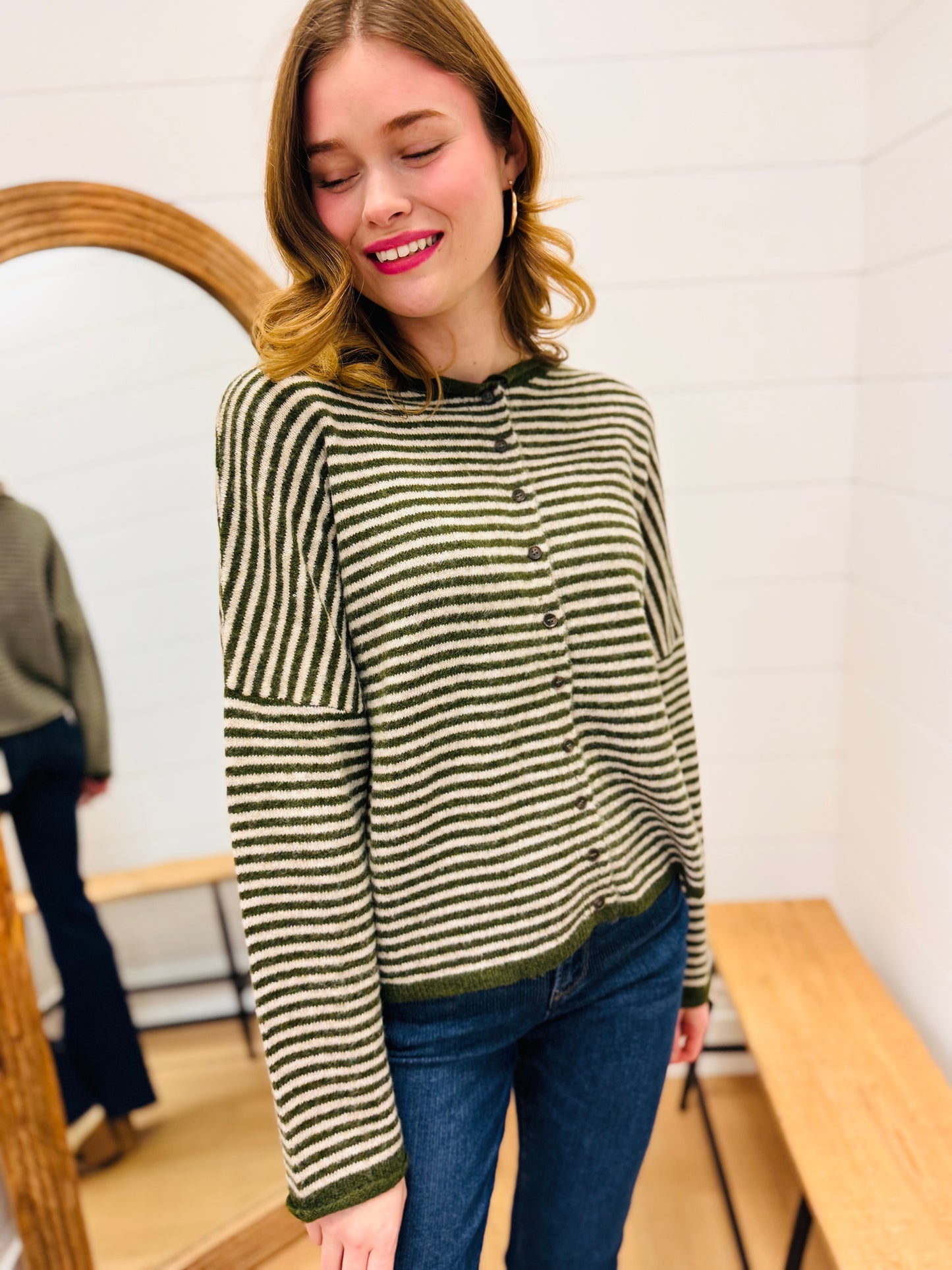 Stripe Raw Edge Drop Shoulder Knit Cardigan