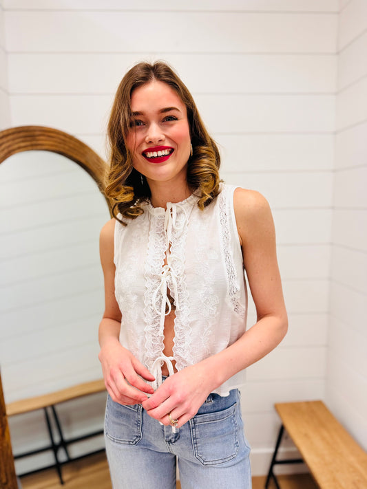 Lace Front Tie Sleeveless Blouse