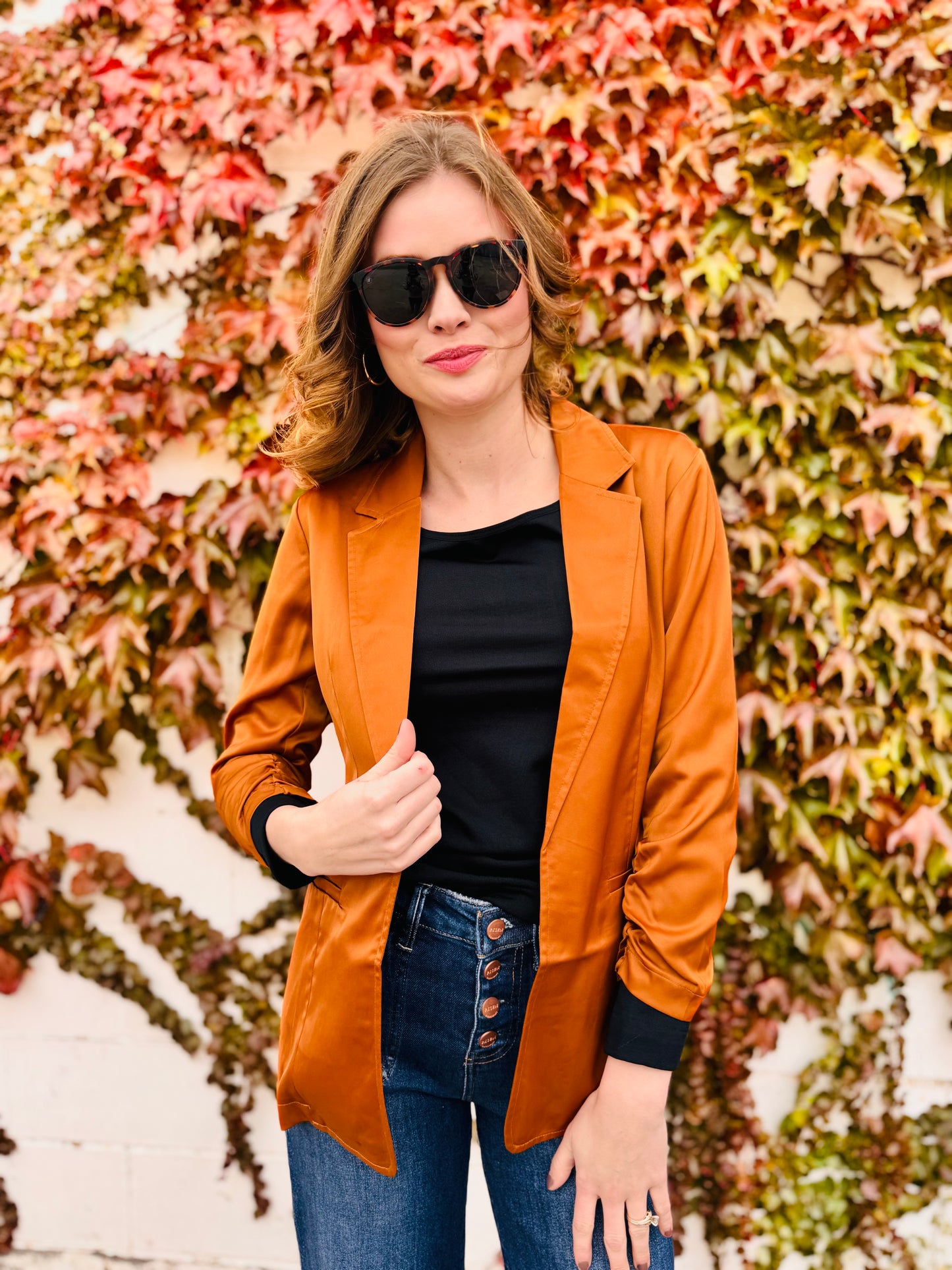 Satin Ruched Sleeve Blazer Jacket