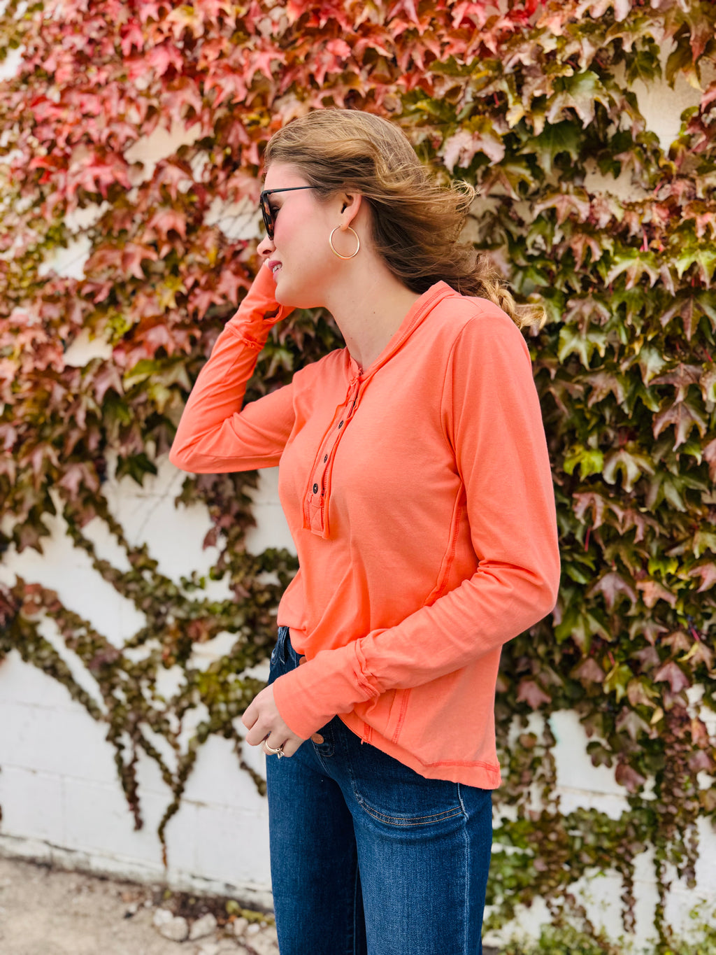 Thumb Holes Button Closure Long Sleeve Top