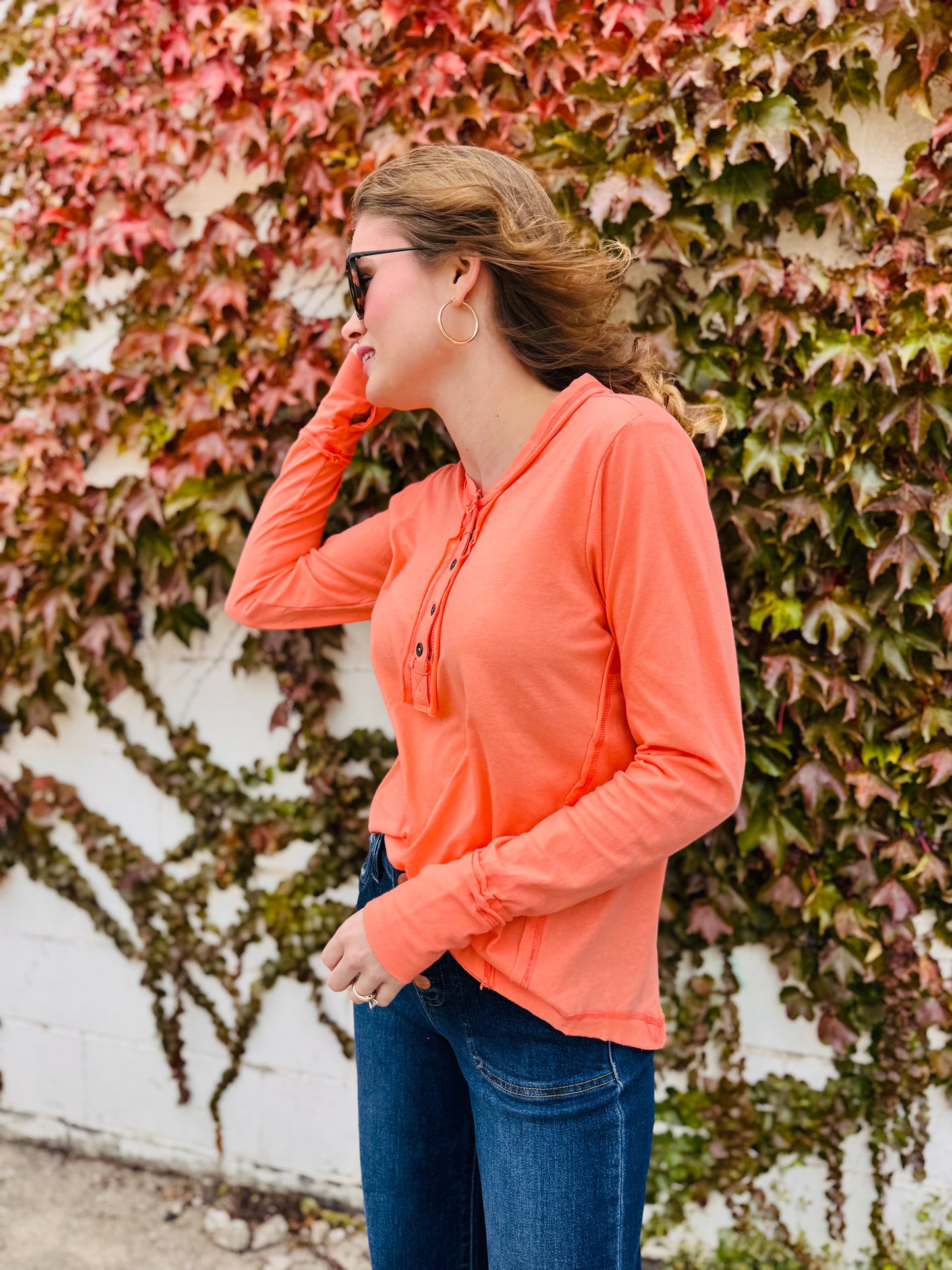 Thumb Holes Button Closure Long Sleeve Top