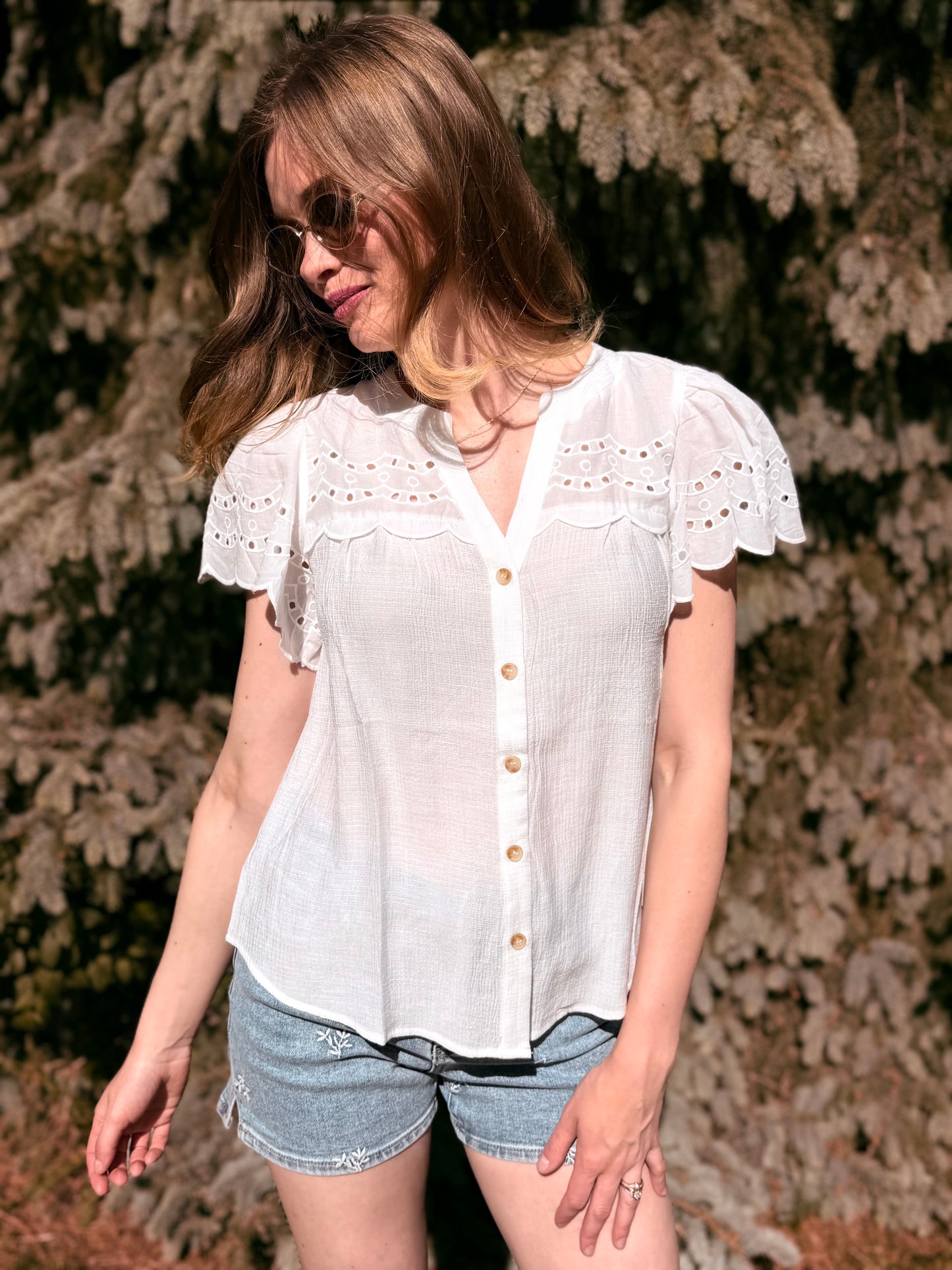 Eyelet Detail Button Down Scallop Sleeve Top