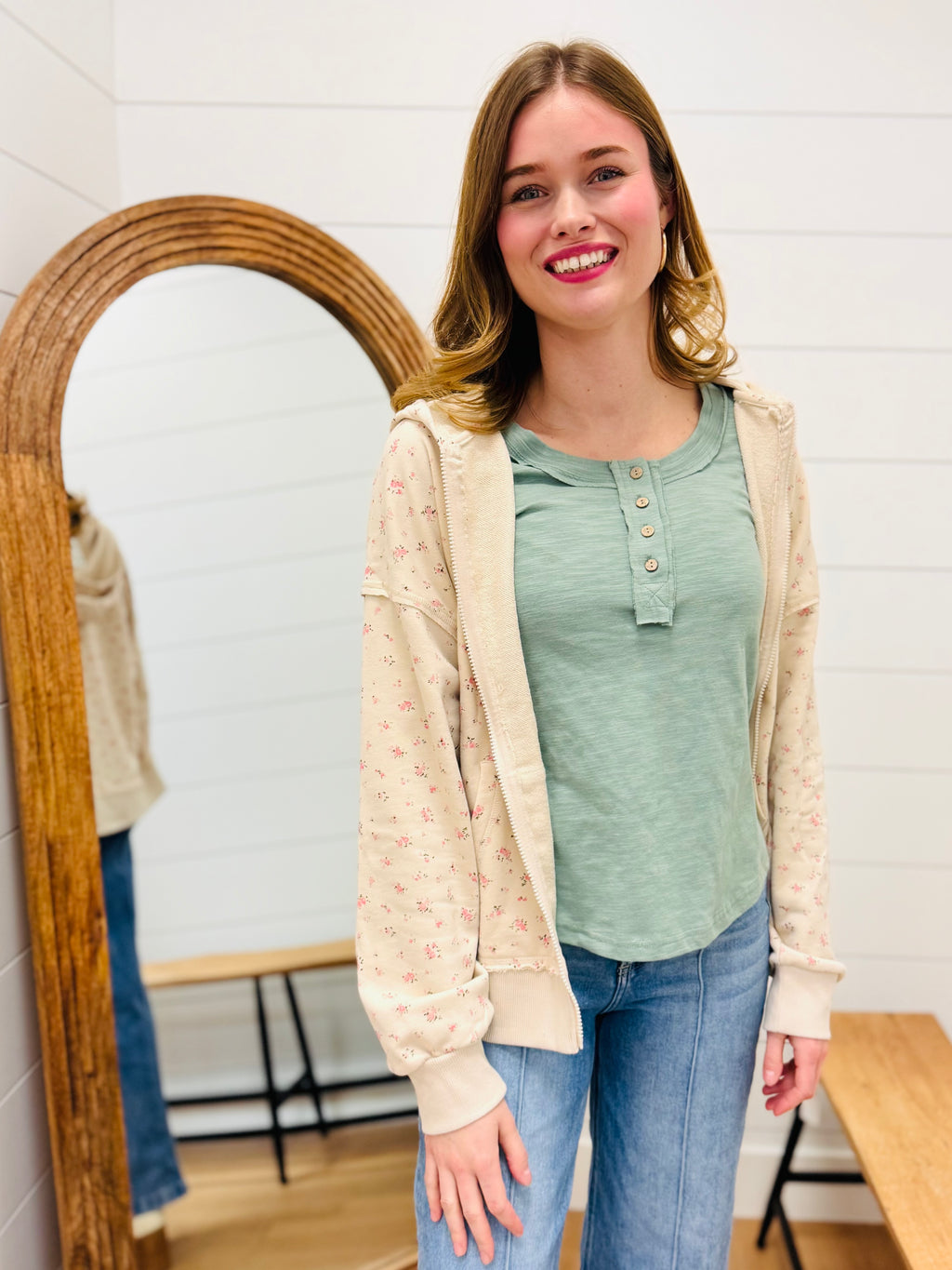 Zip Front Floral Hoodie