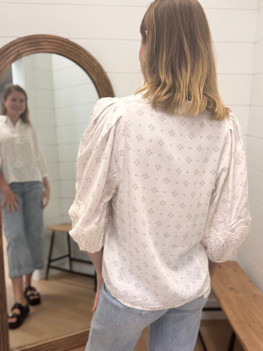 Eyelet 3/4 Sleeve Button Down Top