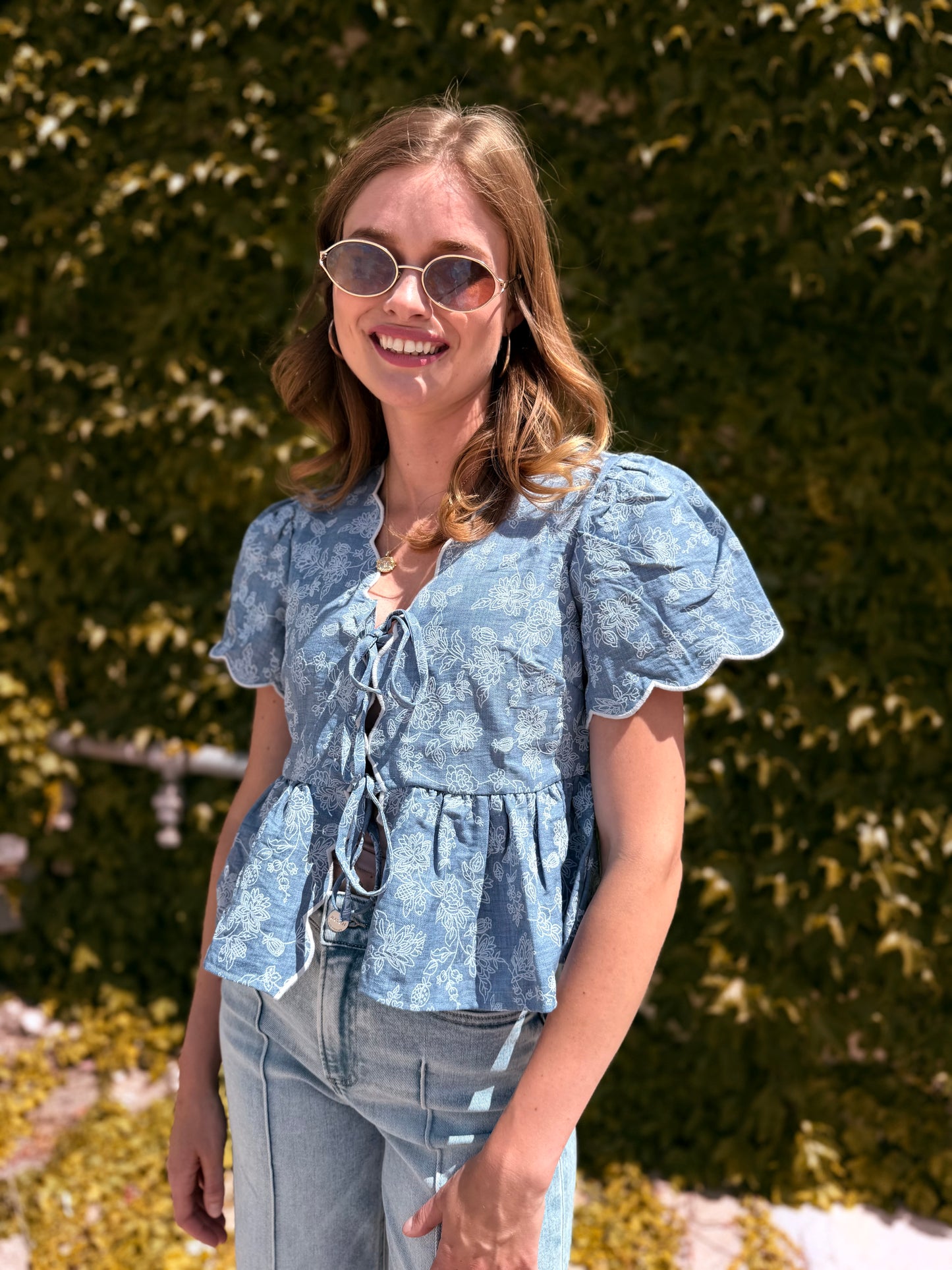 Floral Embroidery Front Tie Scalloped Peplum Top - Chambray