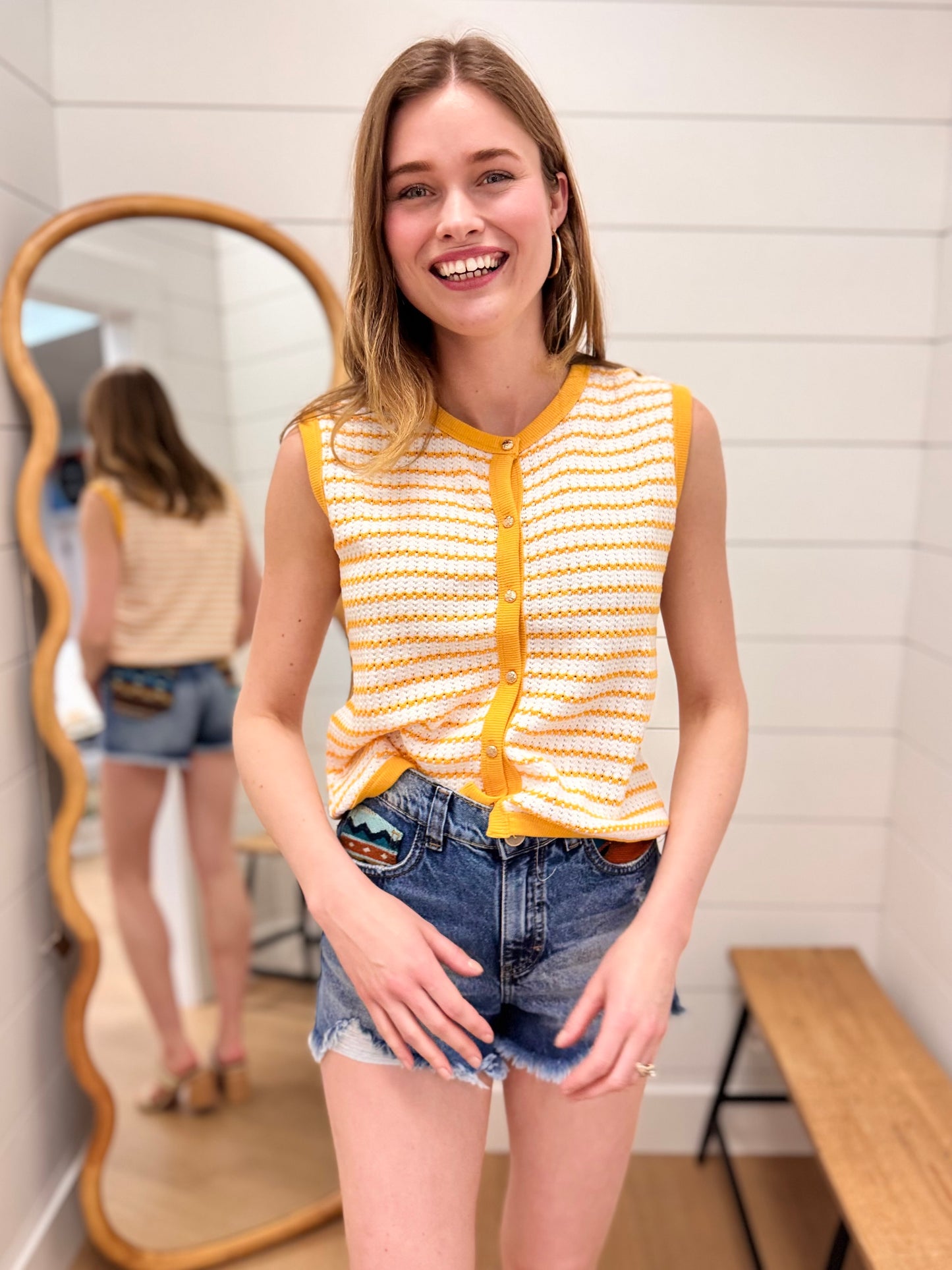 Stripe Knit Button Down Top - Mustard