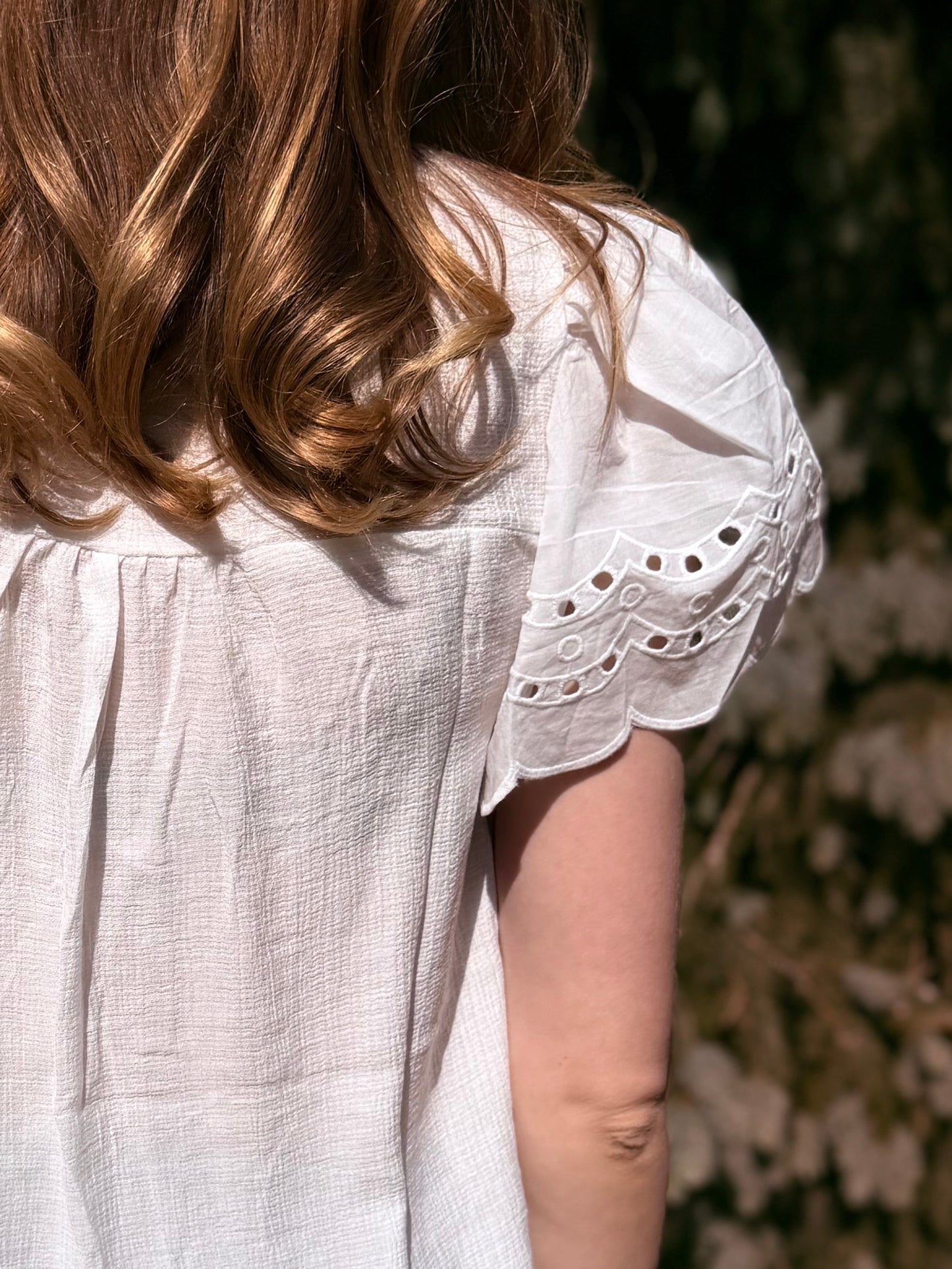 Eyelet Detail Button Down Scallop Sleeve Top