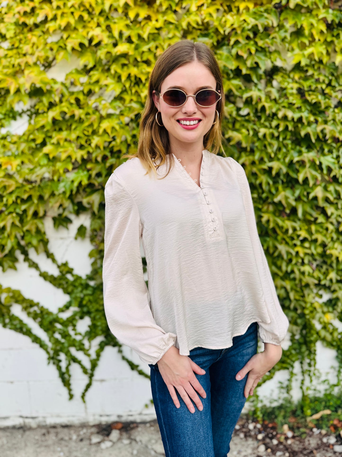 Textured Satin Half Button Long Sleeve Blouse