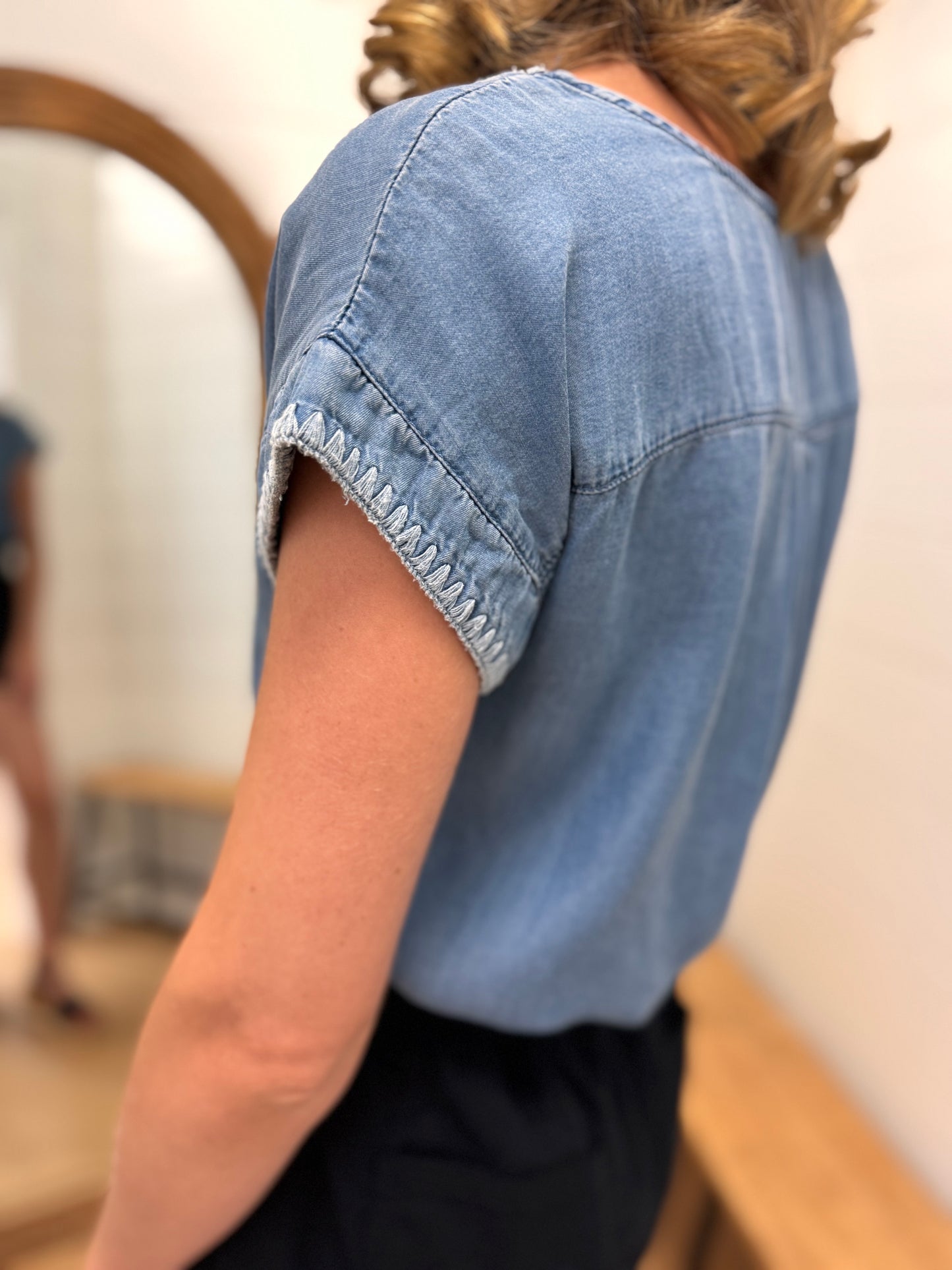 Chambray Top with Embroidered Trim