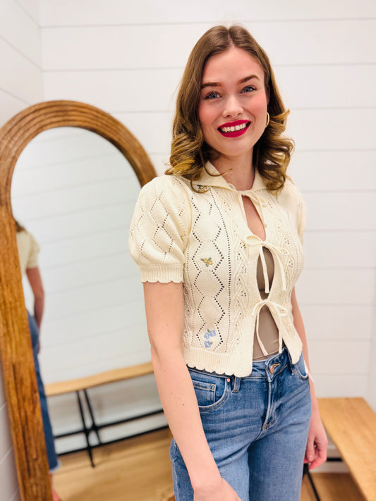 Floral Embroidery Crochet Knit Front Tie Sweater