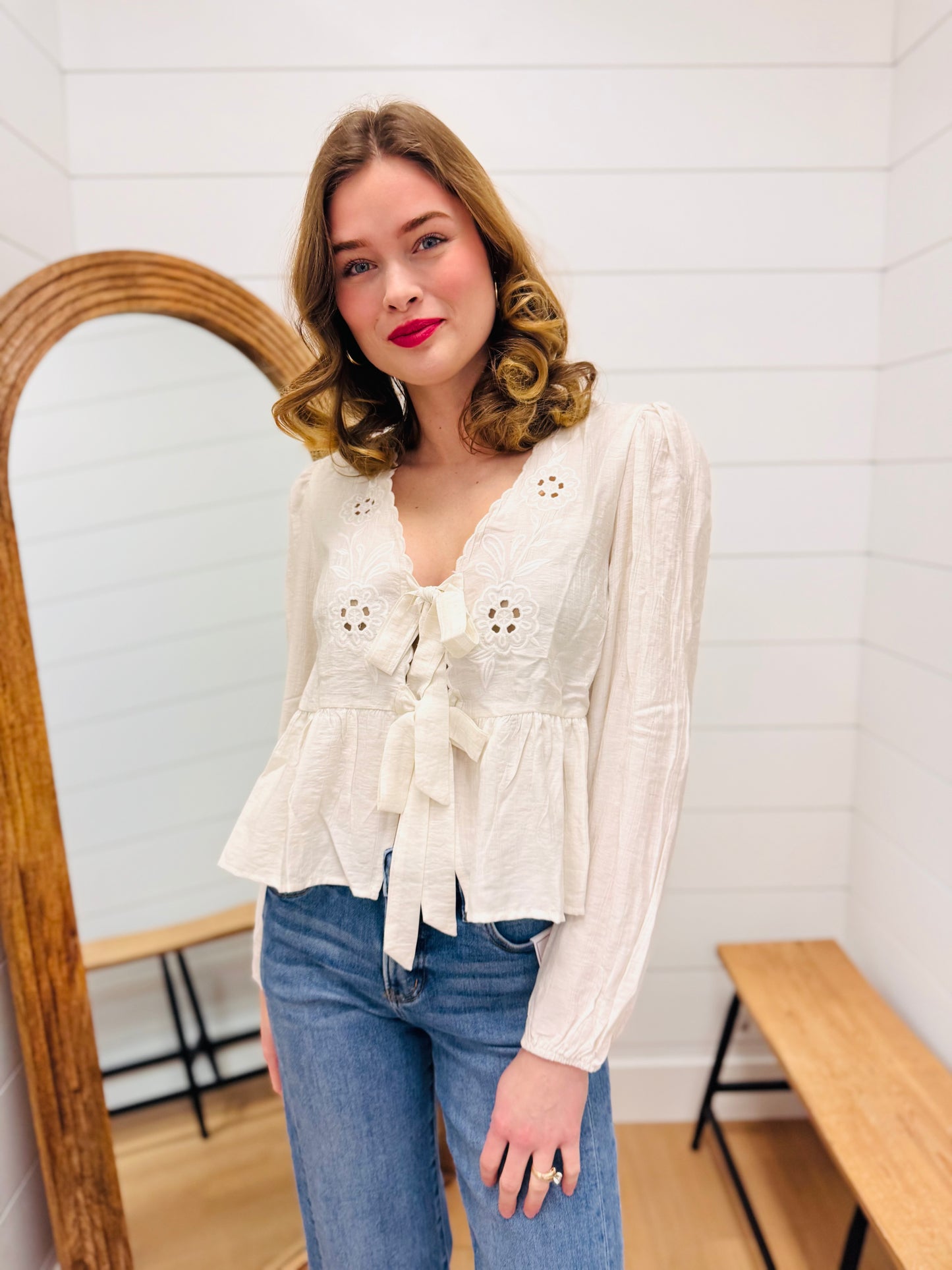 Floral Eyelet Embroidery Front Tie Long Sleeve Top