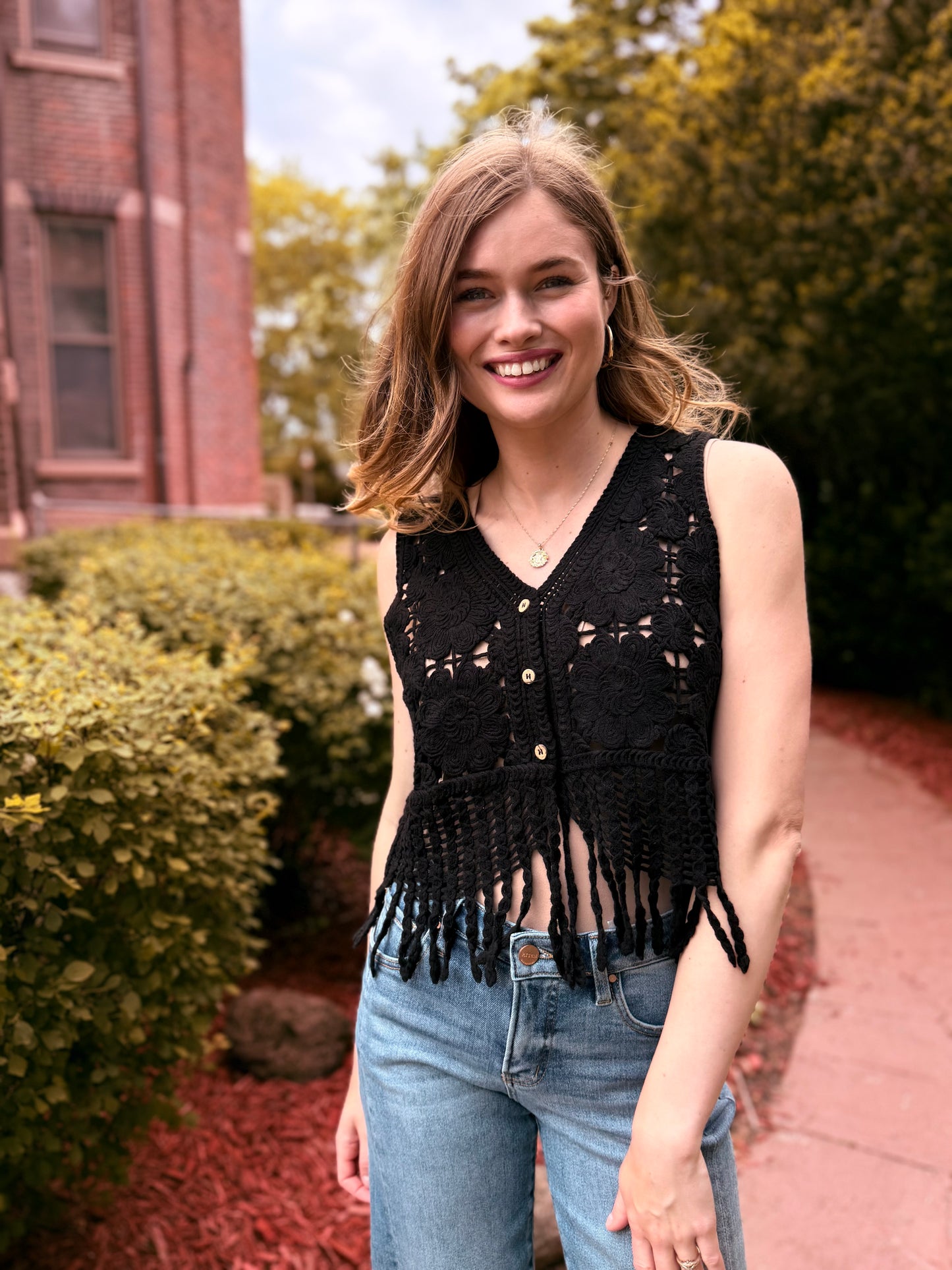 Fringe Hem Floral Crochet Top