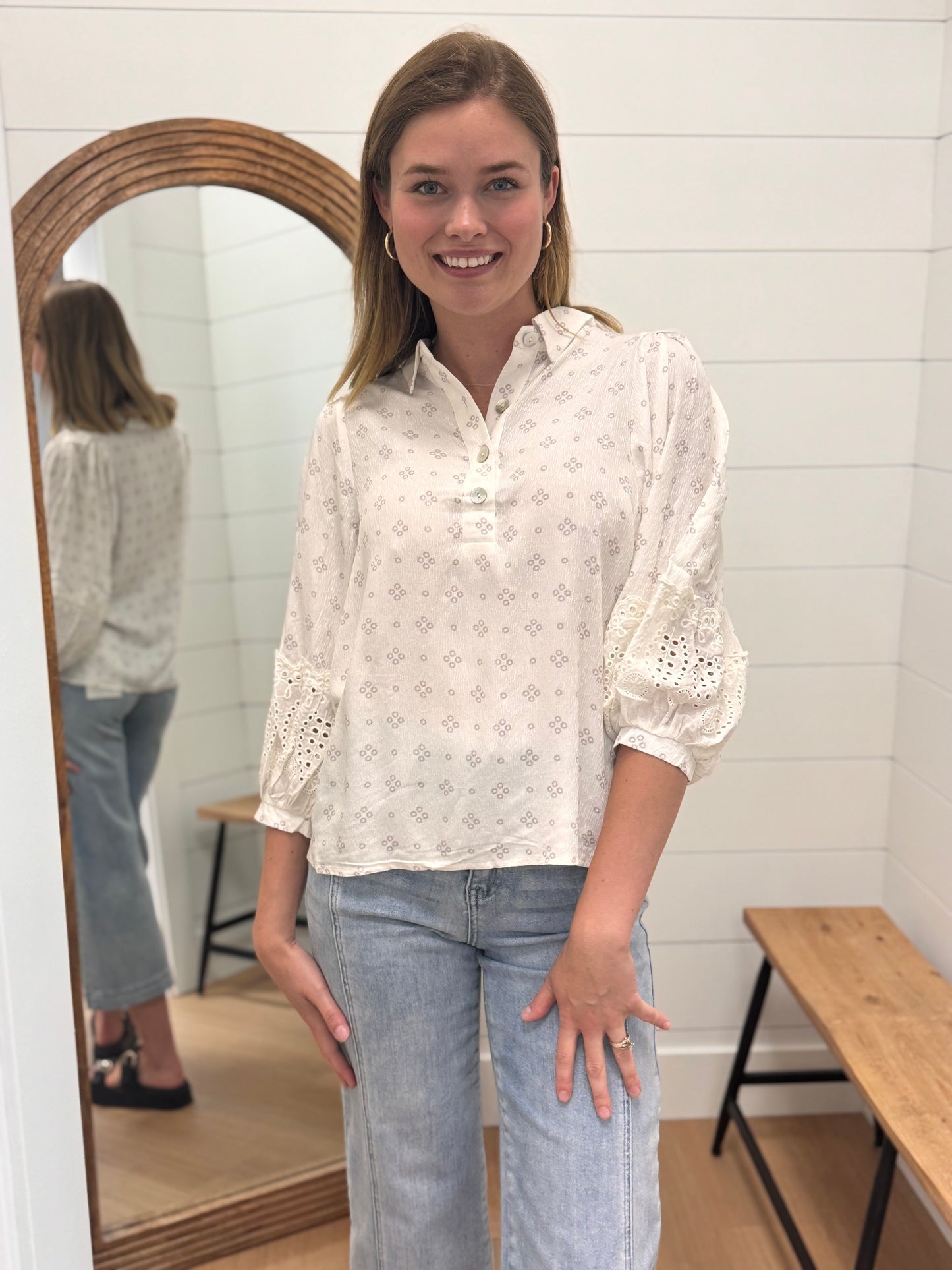 Eyelet 3/4 Sleeve Button Down Top