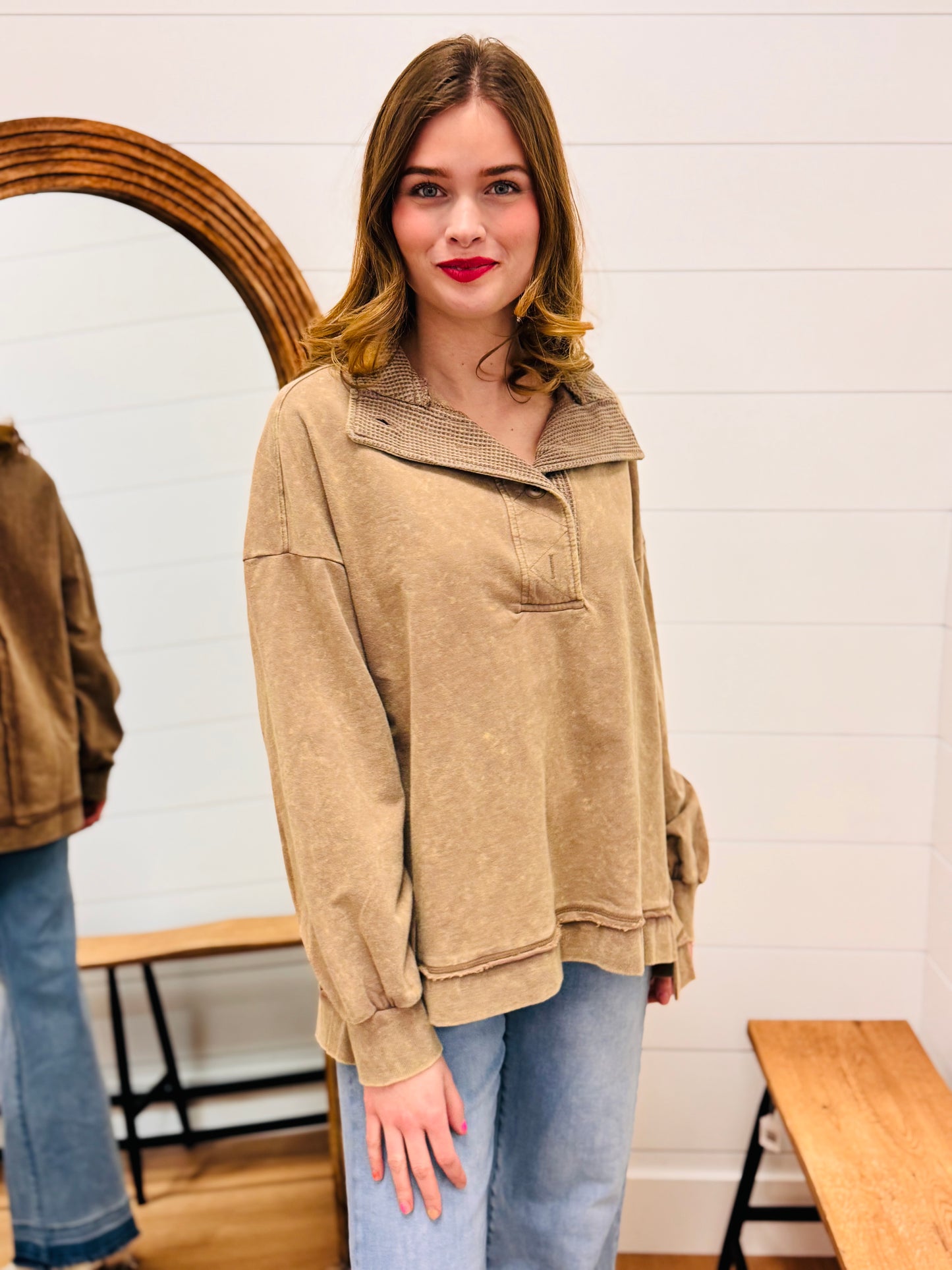 Half Button Down Contrast Pullover