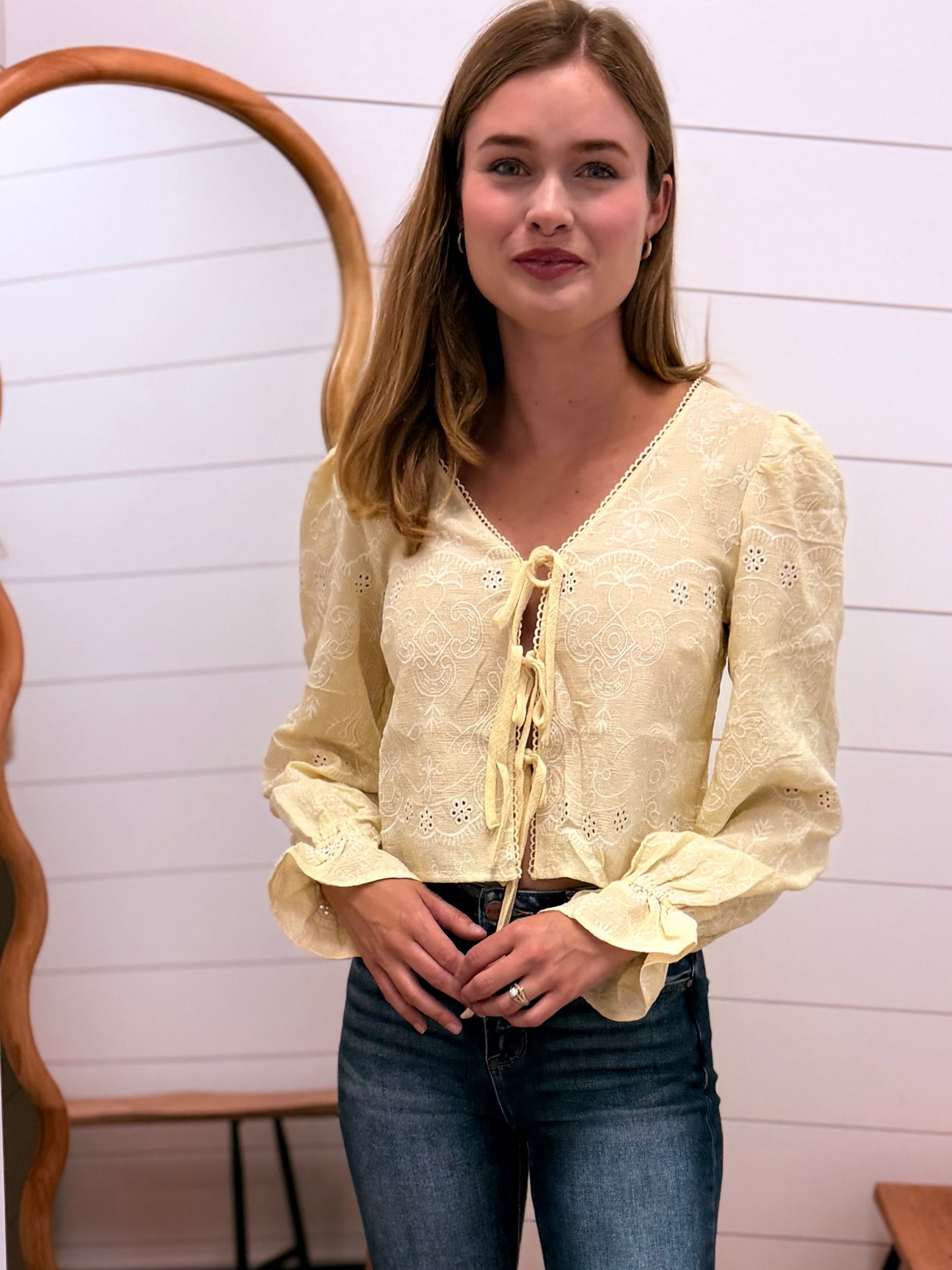 Embroidered Pattern Long Sleeve Front Tie Crop Top