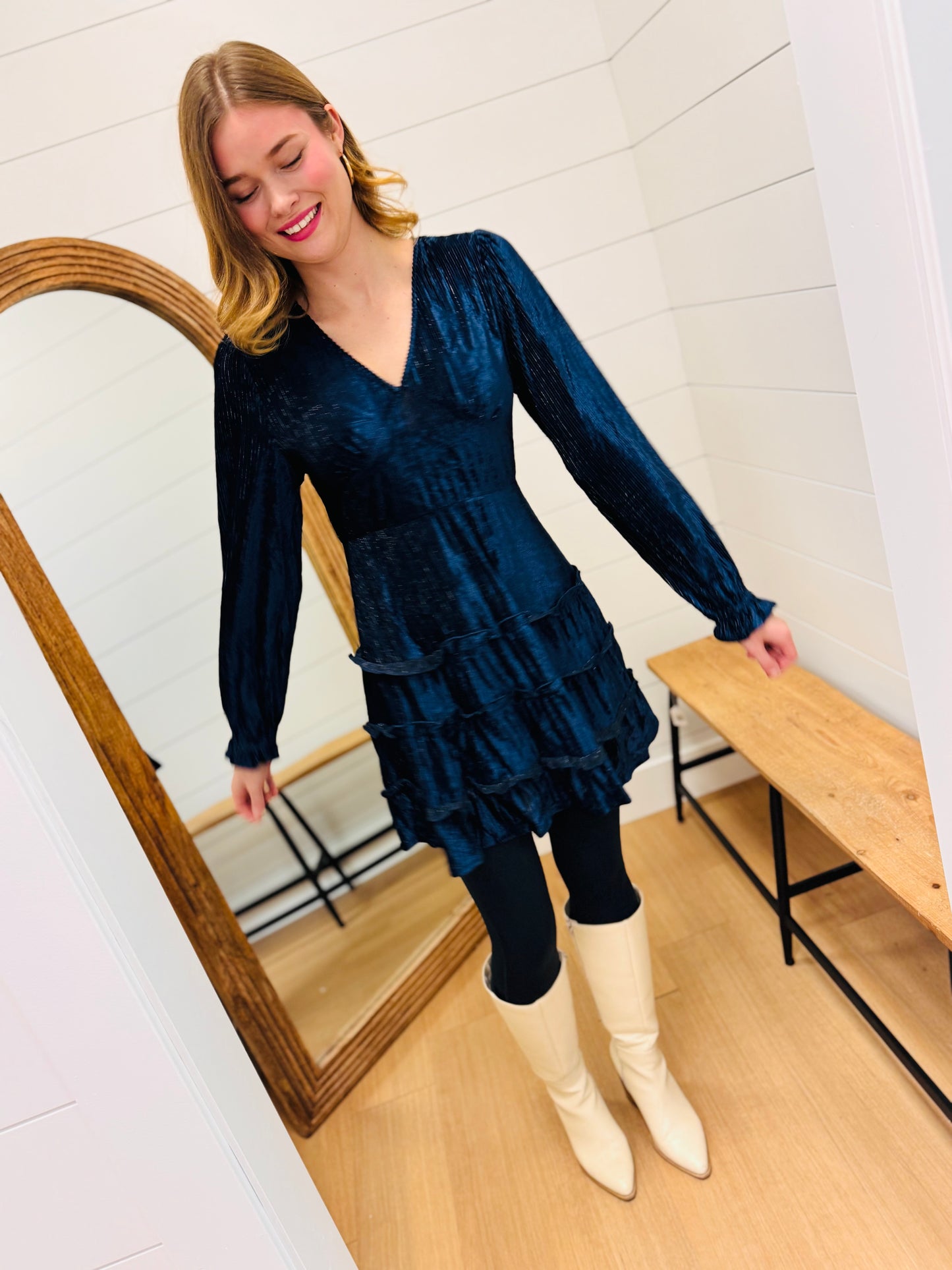 Deep V-neck Textured Velvet Dress