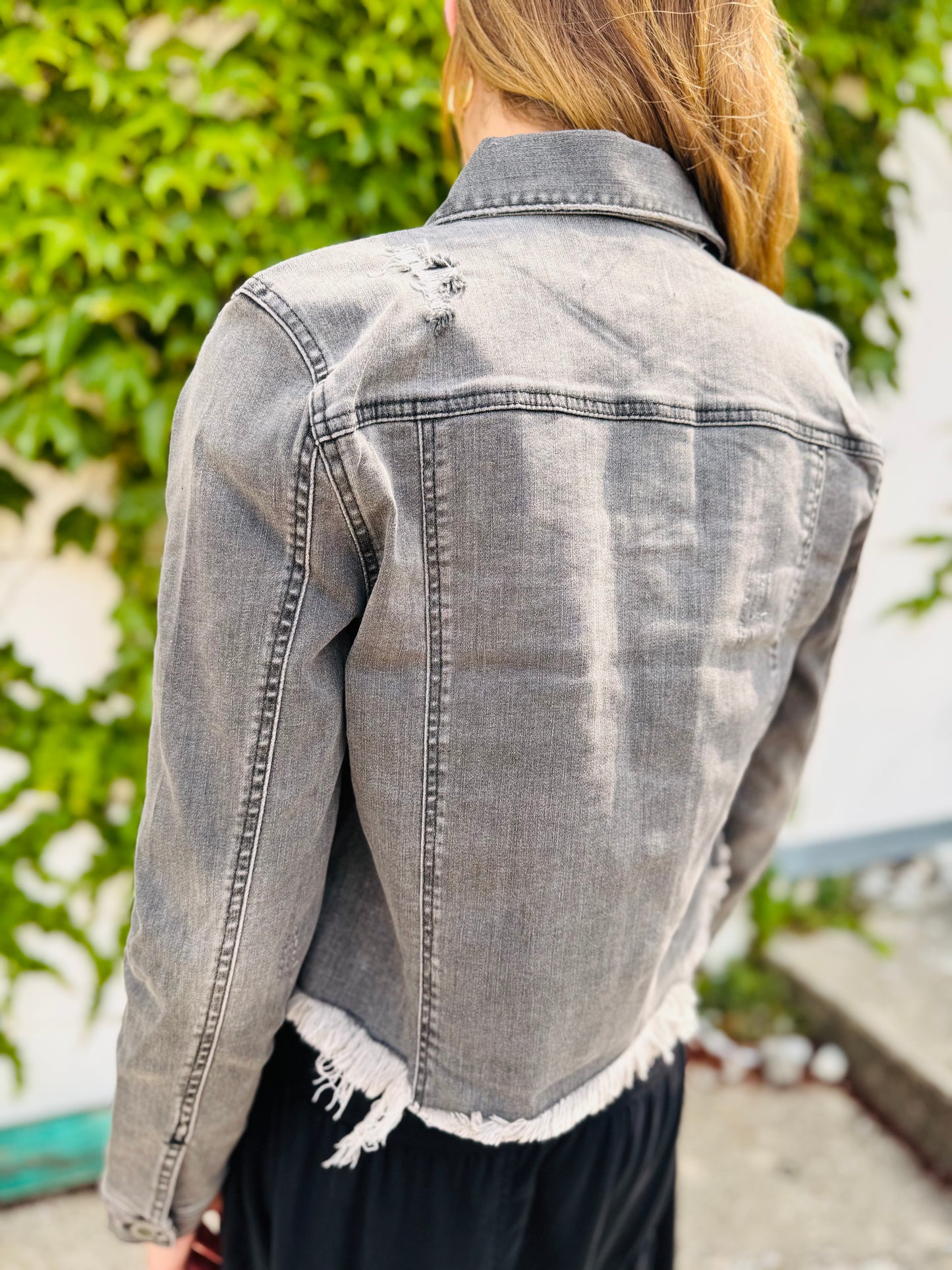Frayed Hem Grey Washed Jacket - Risen