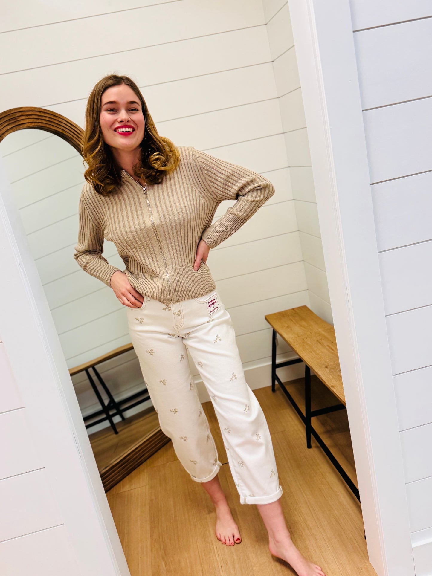 High Rise Leaf Embo Detailed Barrel Pants - Risen